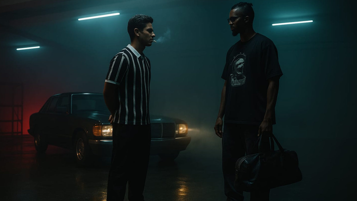 Two men standing in a dark garage with a car in the background