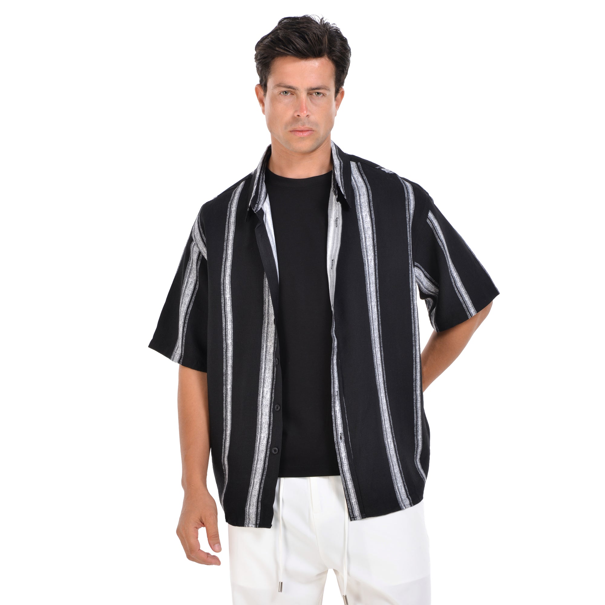 Black Striped Short Sleeves-Shirt