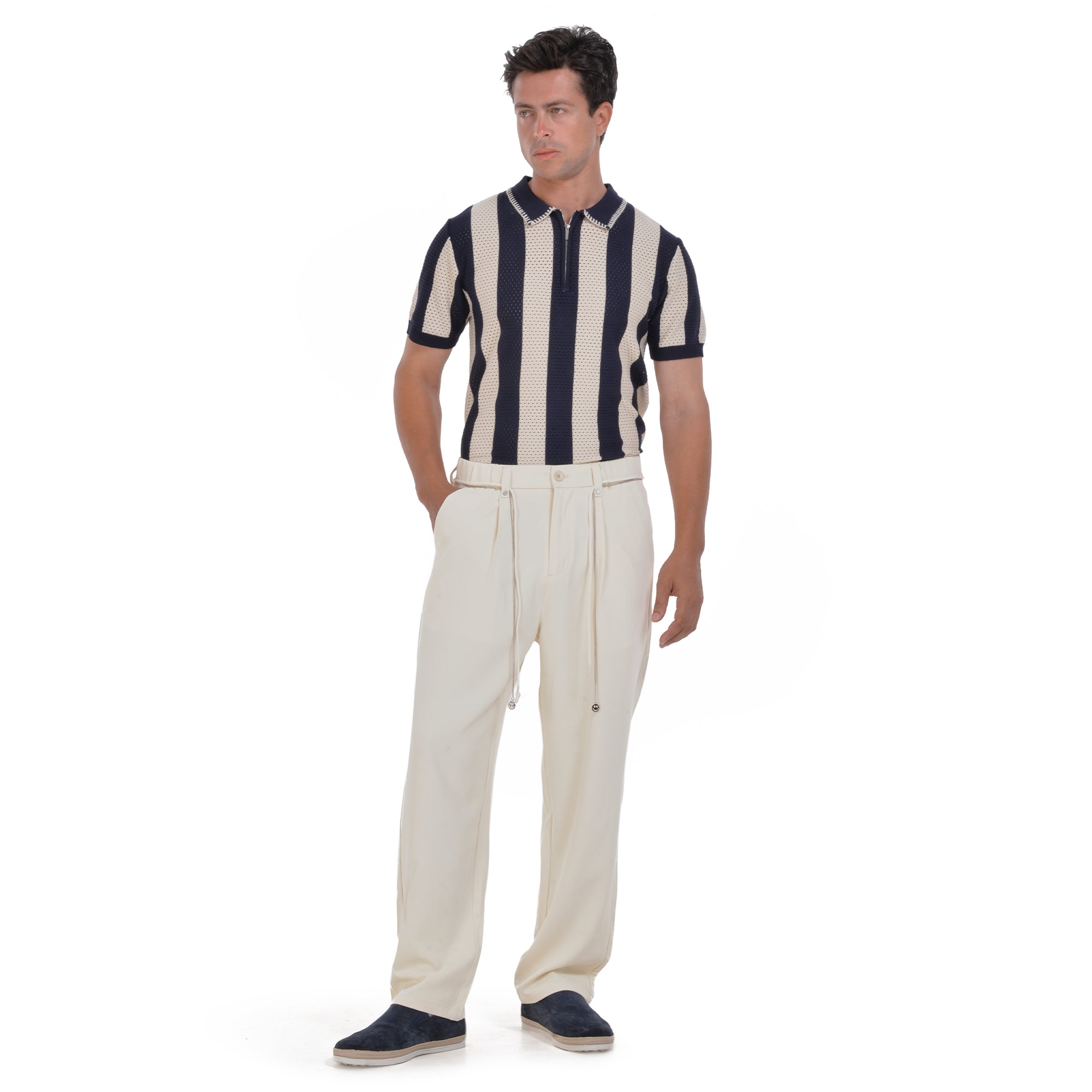 Knitted Biege&Navy Striped Short Sleeves Polo T-shirt