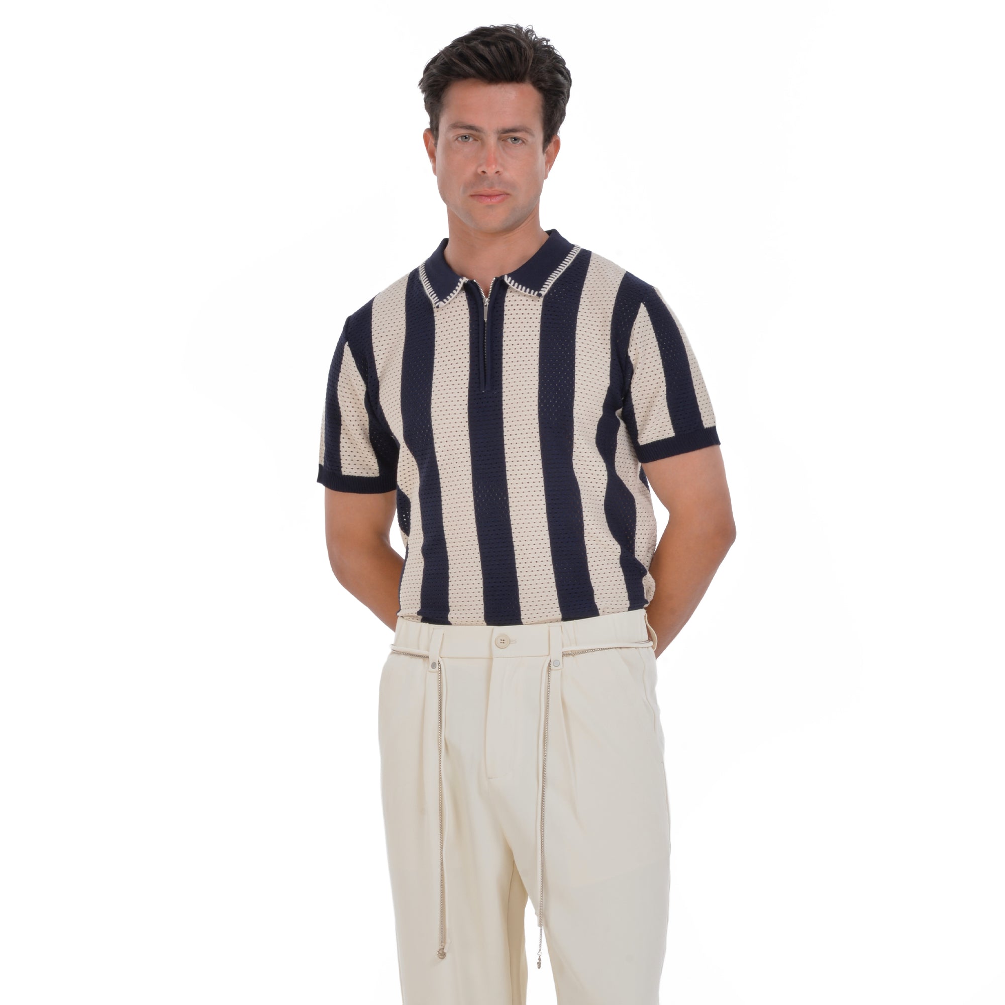 Knitted Biege&Navy Striped Short Sleeves Polo T-shirt