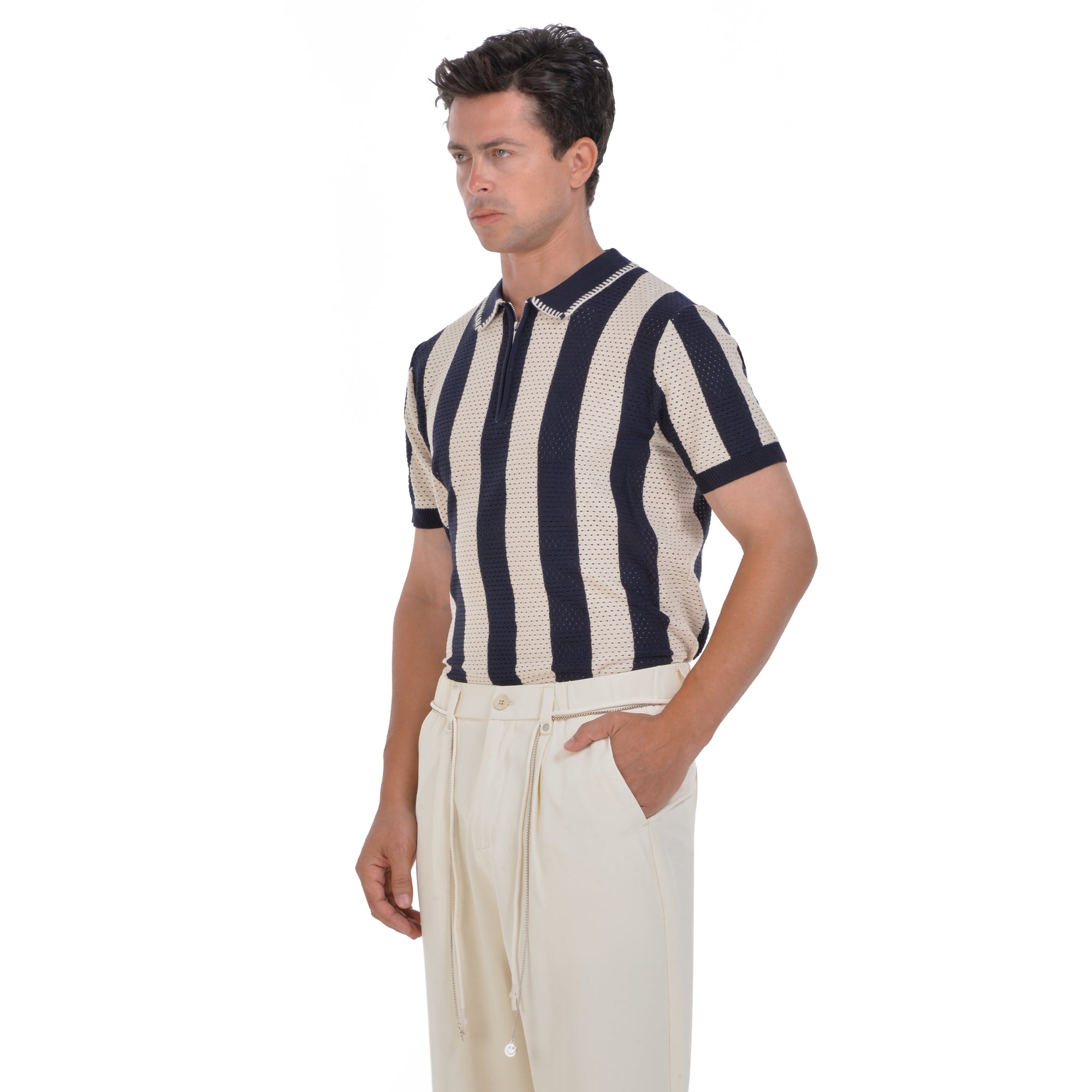 Knitted Biege&Navy Striped Short Sleeves Polo T-shirt
