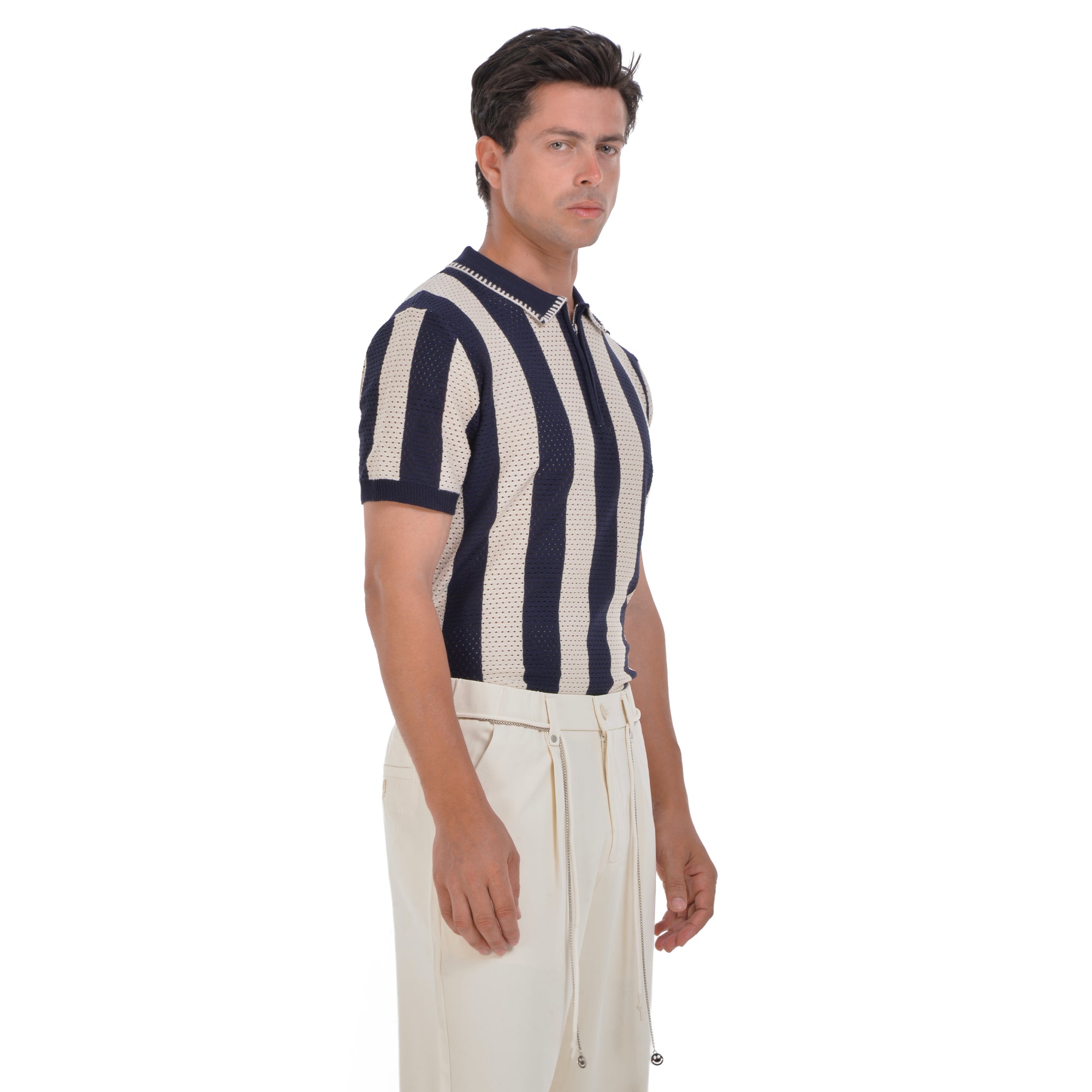 Knitted Biege&Navy Striped Short Sleeves Polo T-shirt