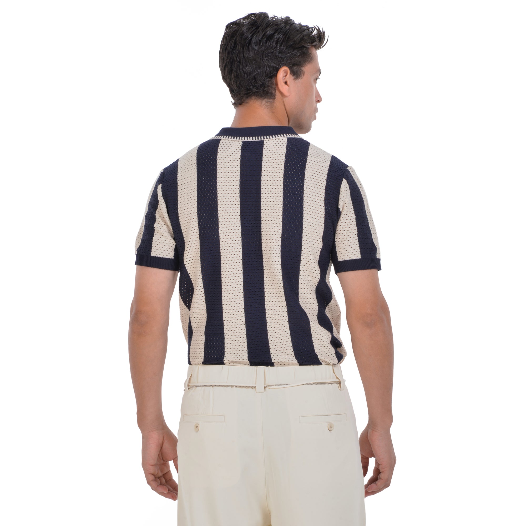 Knitted Biege&Navy Striped Short Sleeves Polo T-shirt