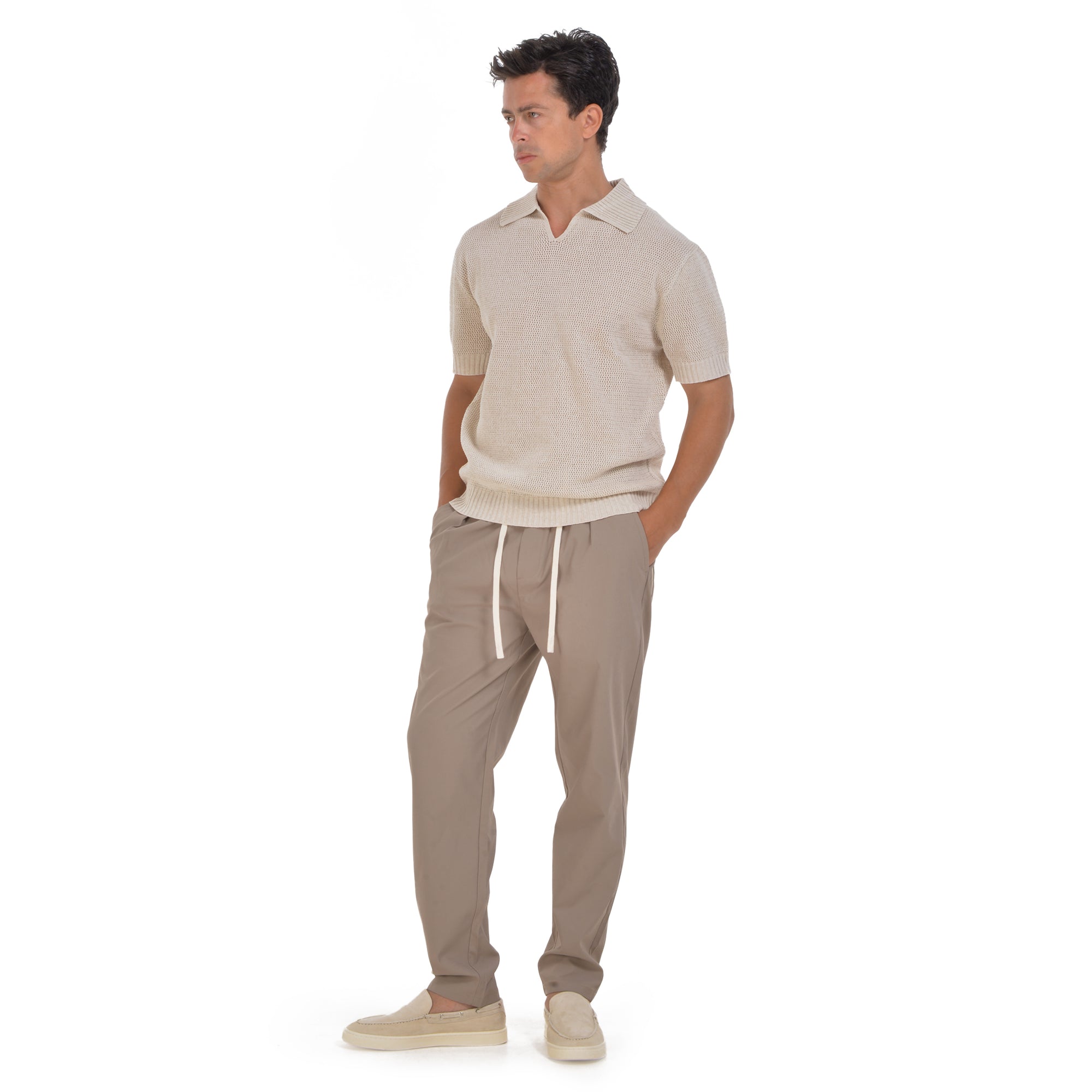 Beige Knitted Short Sleeves Polo T-shirt