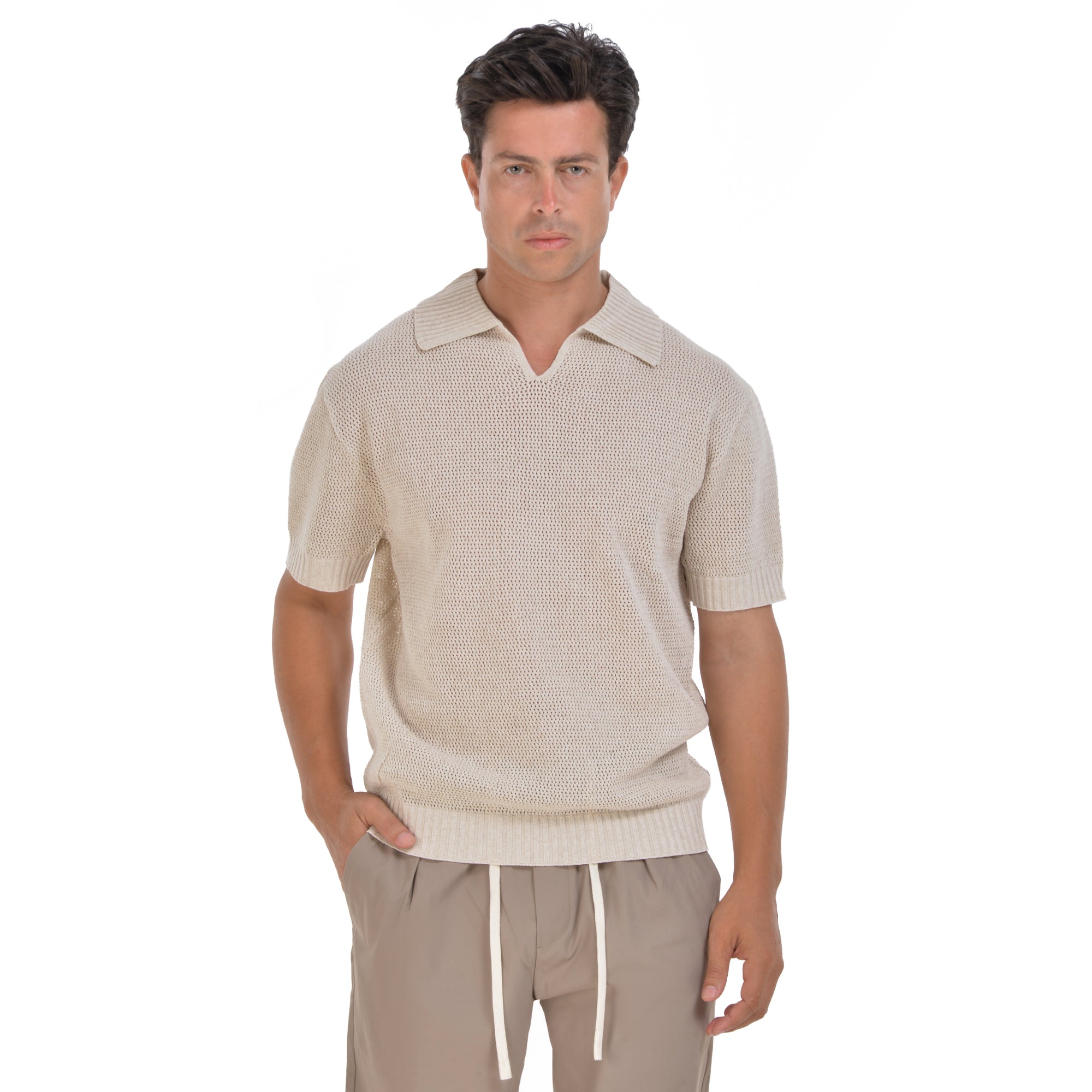 Beige Knitted Short Sleeves Polo T-shirt