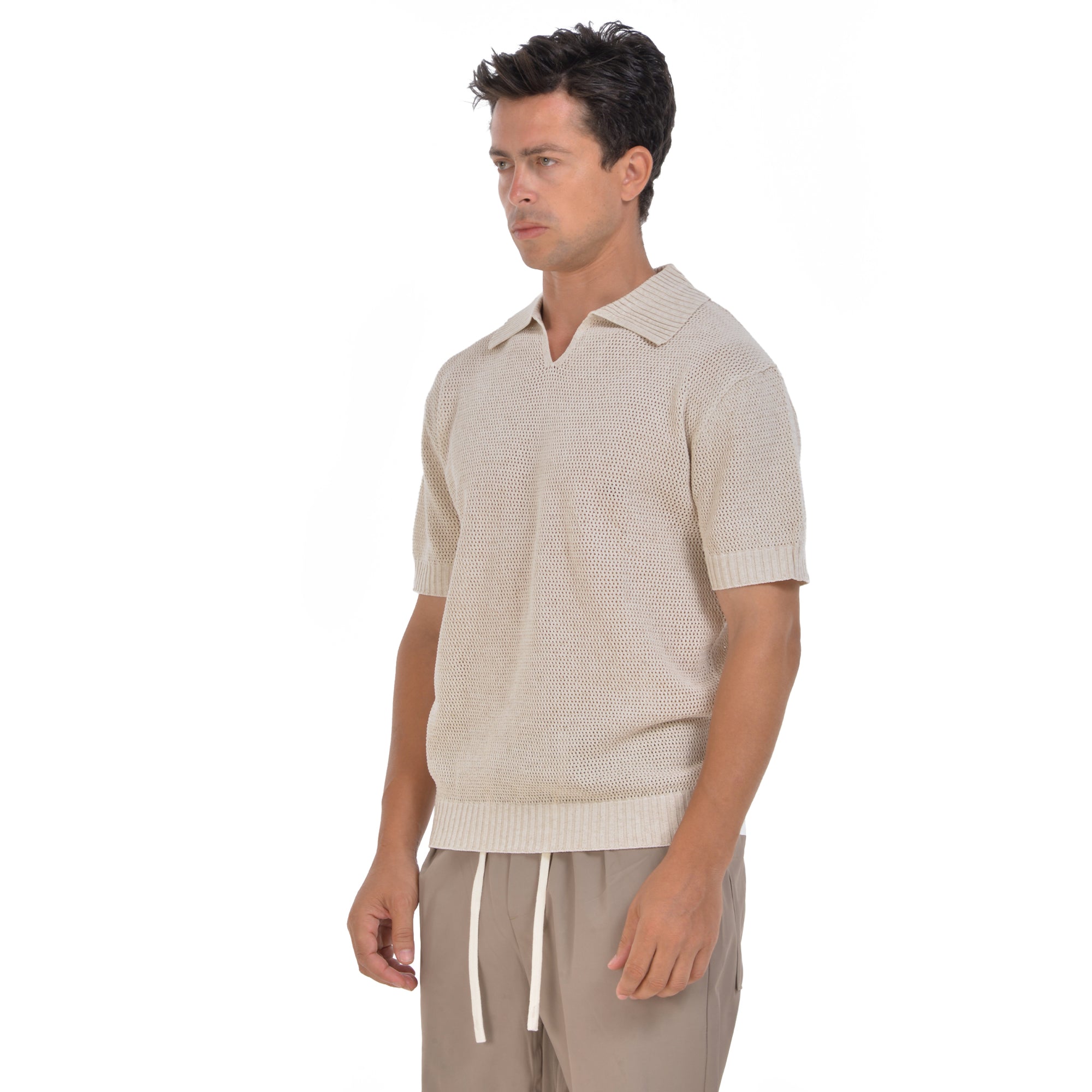 Beige Knitted Short Sleeves Polo T-shirt