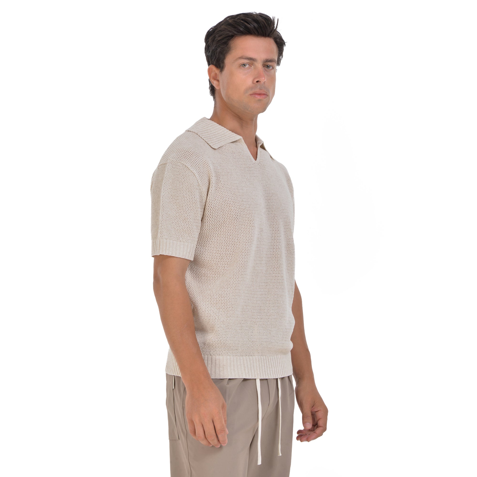 Beige Knitted Short Sleeves Polo T-shirt