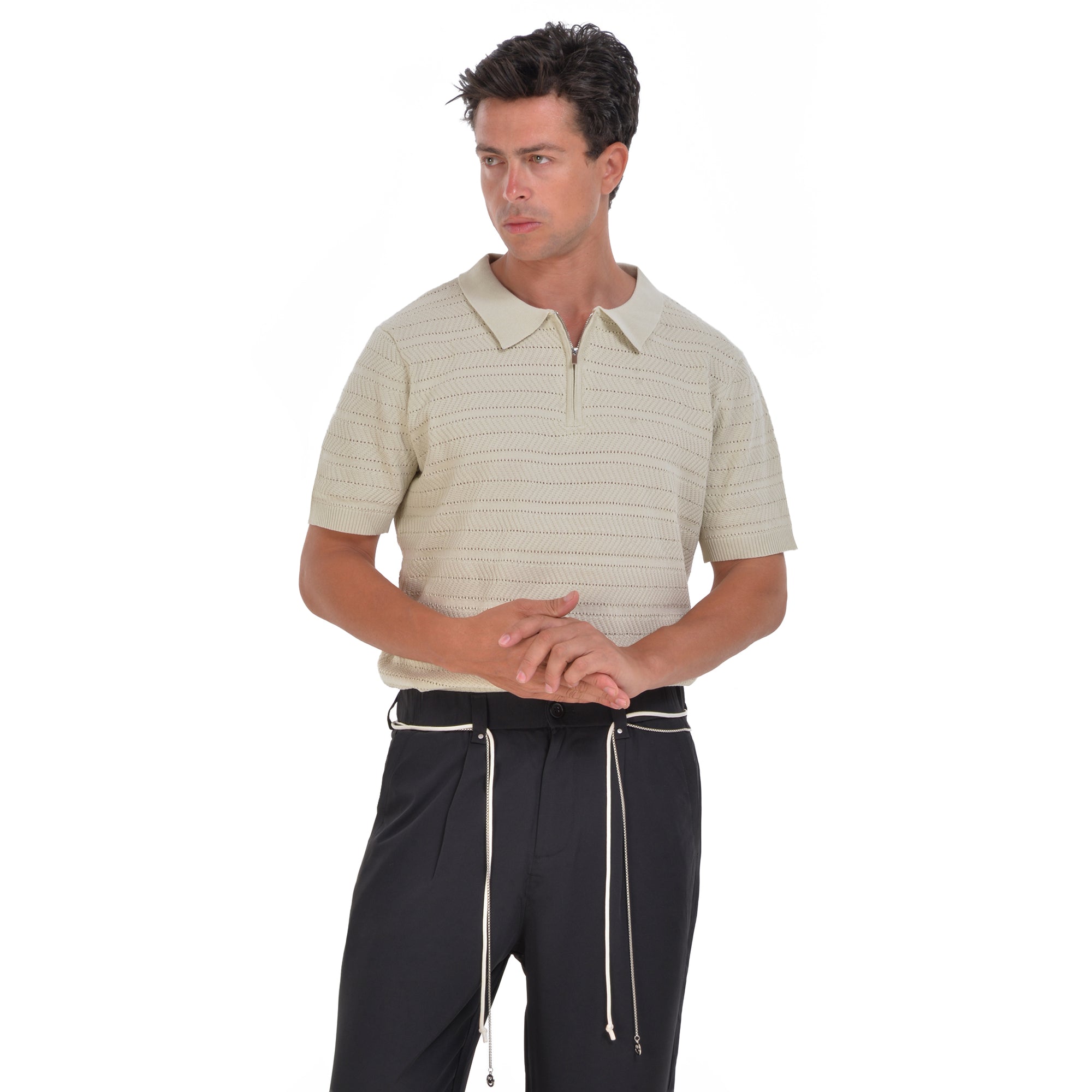 Beige Knitted Short Sleeves Polo T-shirt