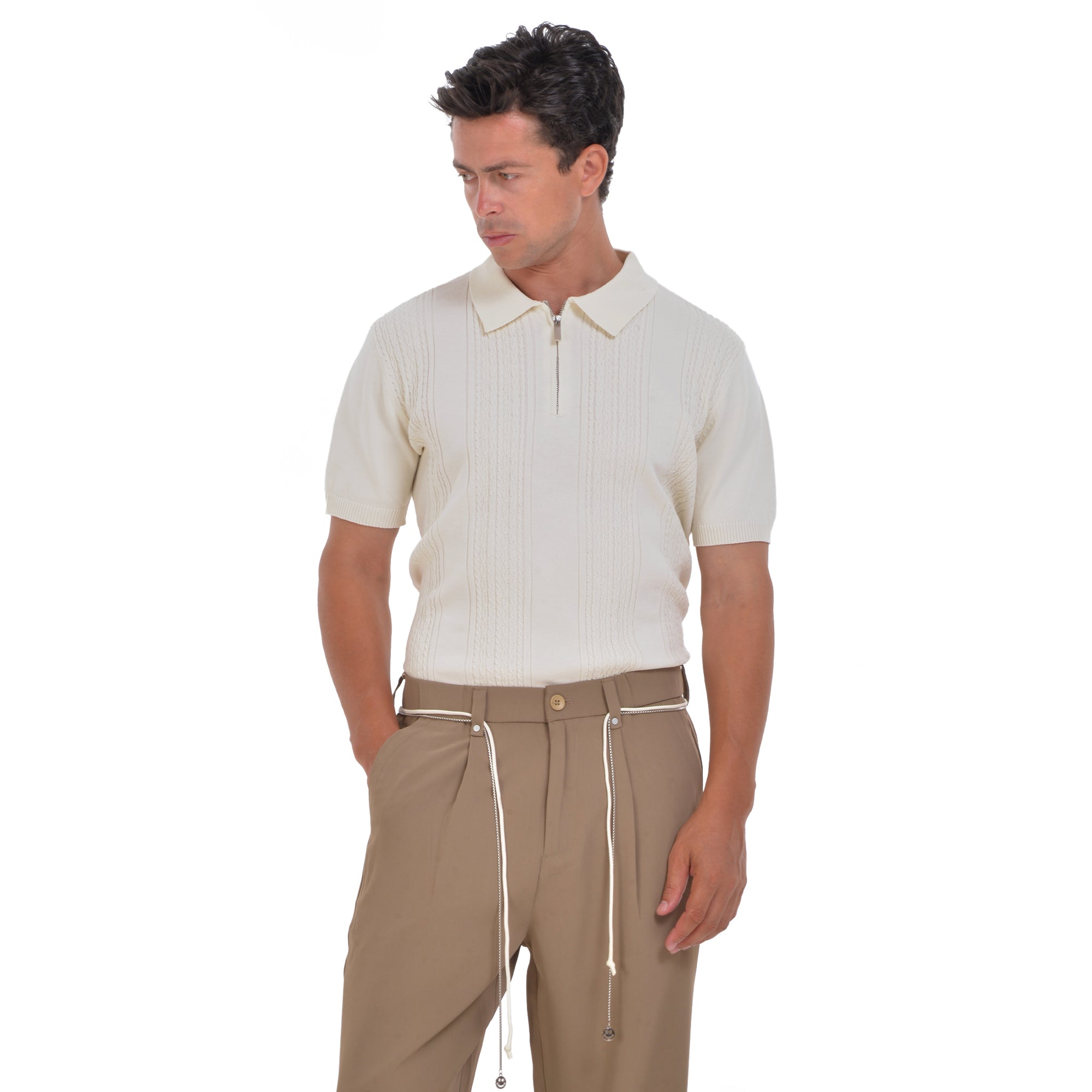 Biege Knitted Short Sleeves Polo T-shirt