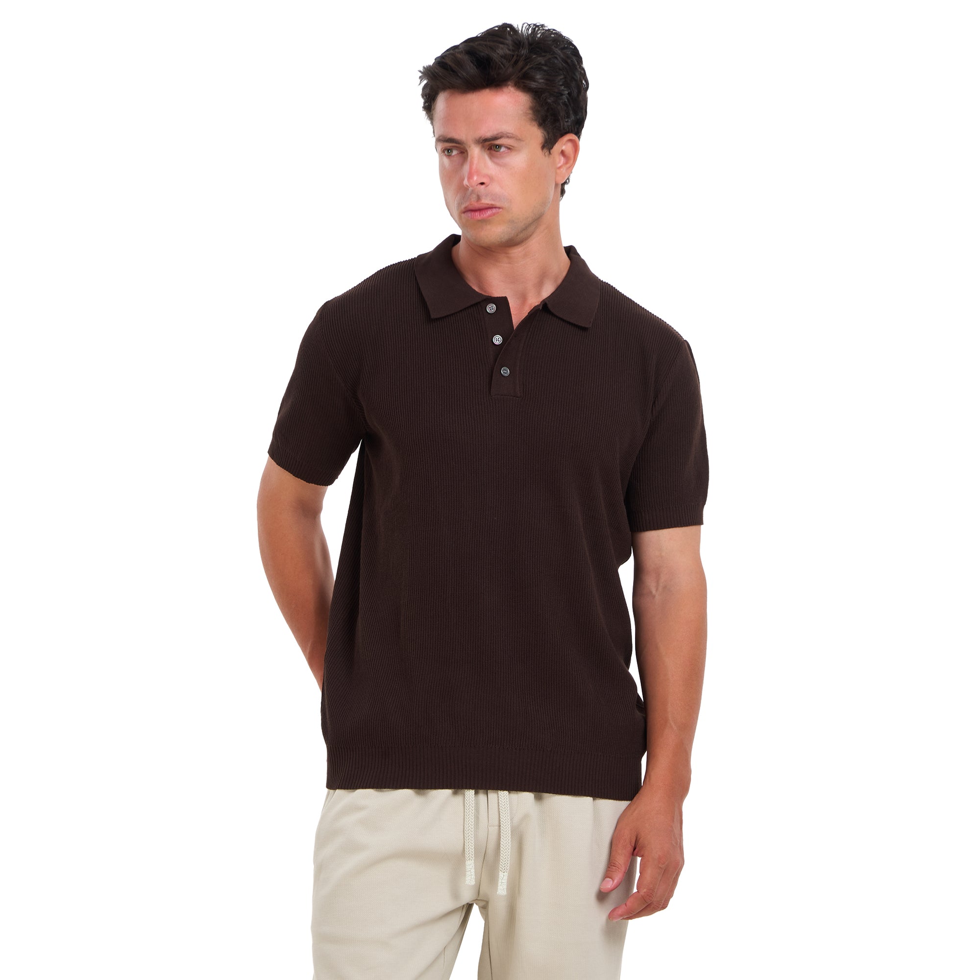 Brown Knitted Short Sleeves Polo T-shirt