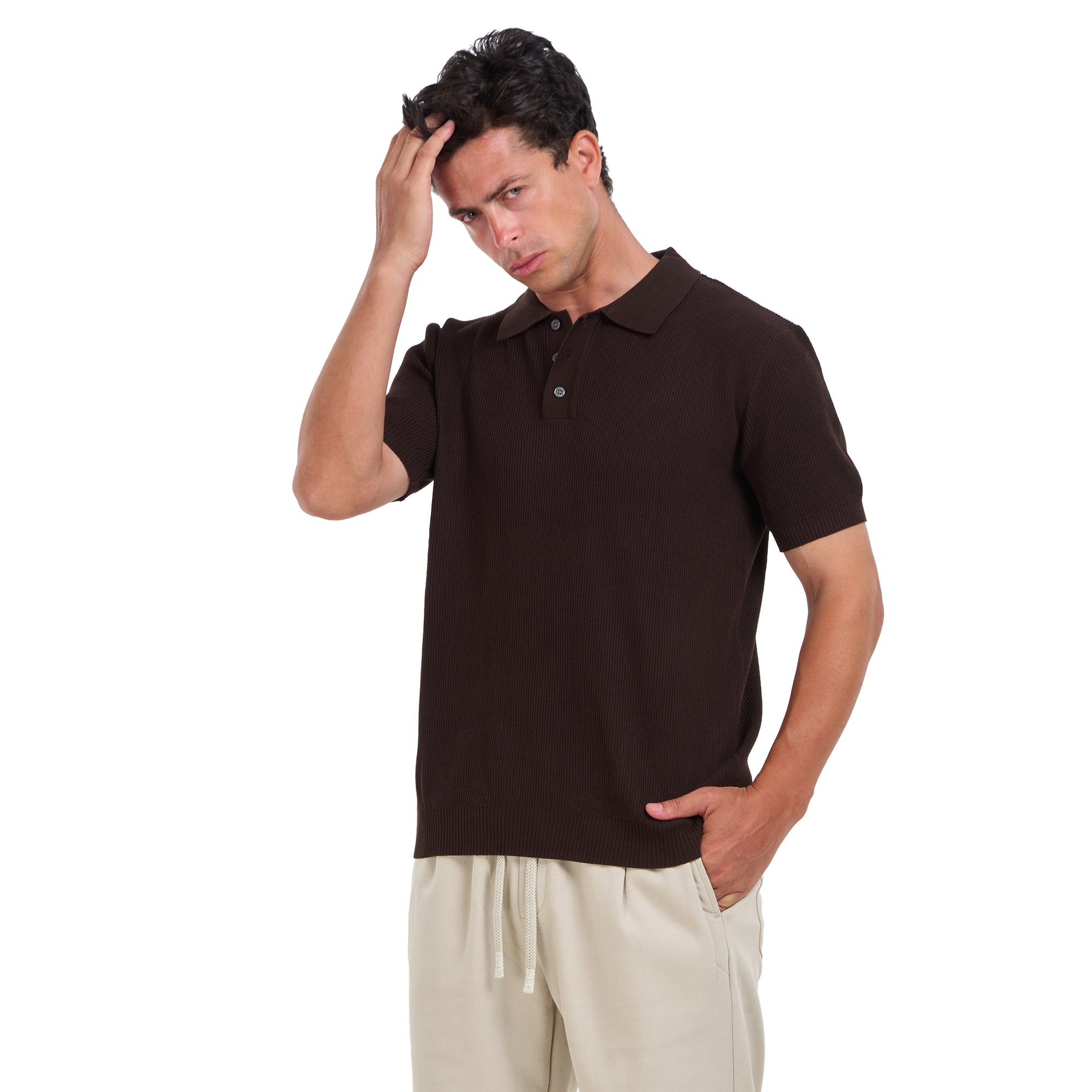 Brown Knitted Short Sleeves Polo T-shirt