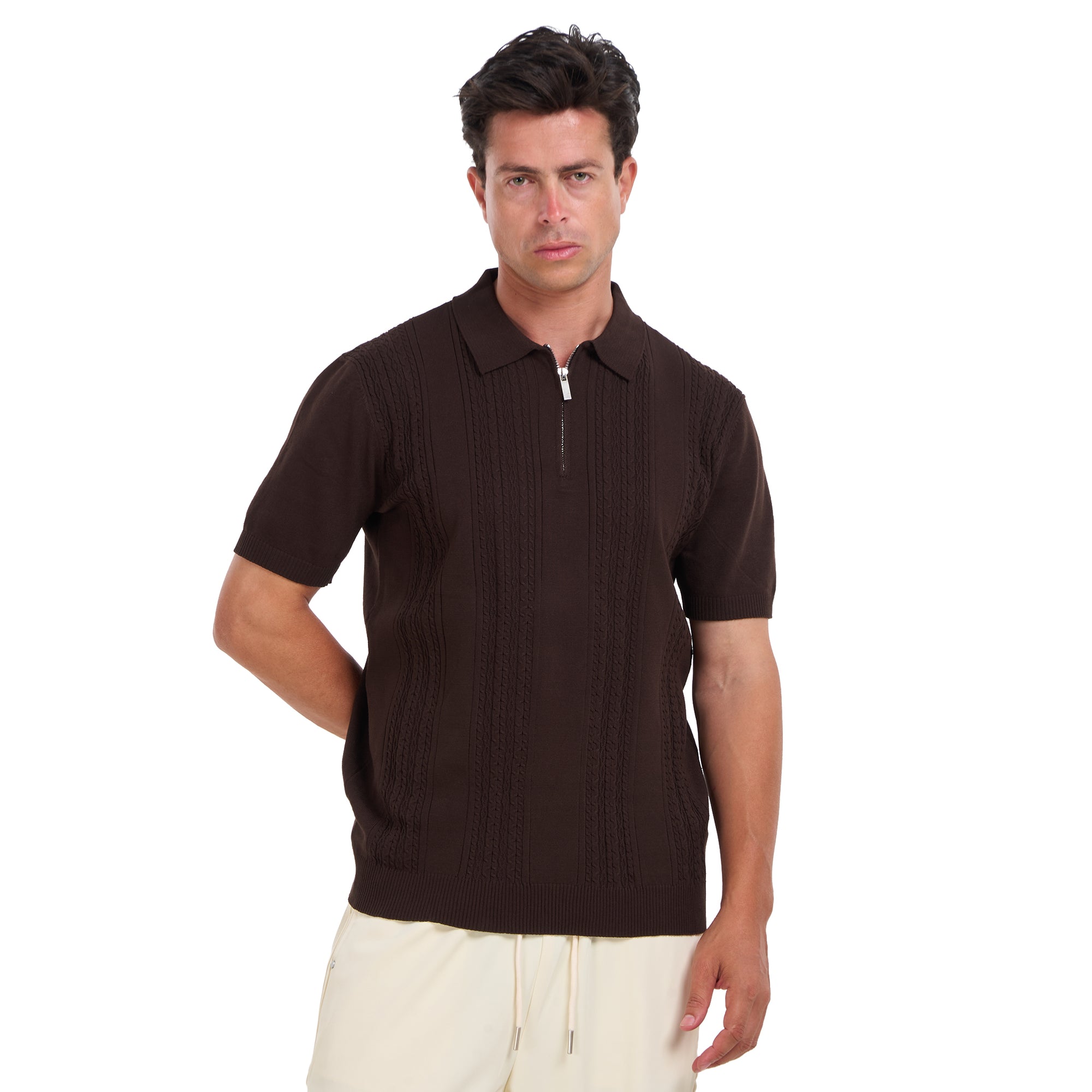 Brown Knitted Short Sleeves Polo T-shirt