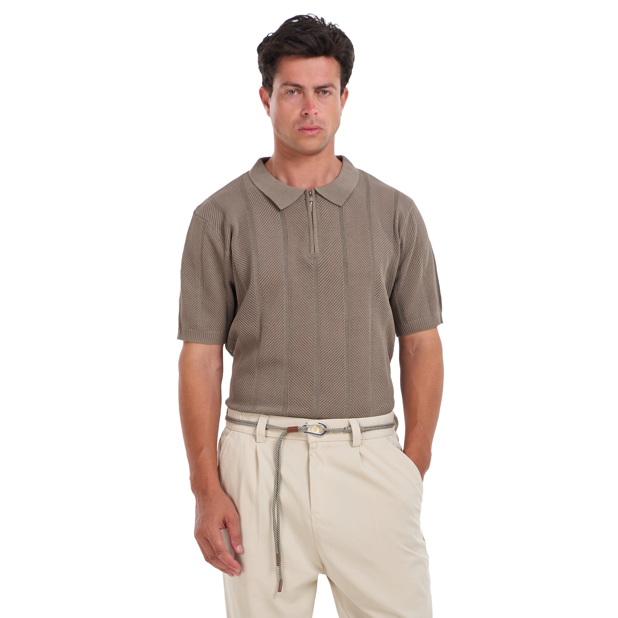 Dark Beige Knitted Short Sleeves Polo T-shirt