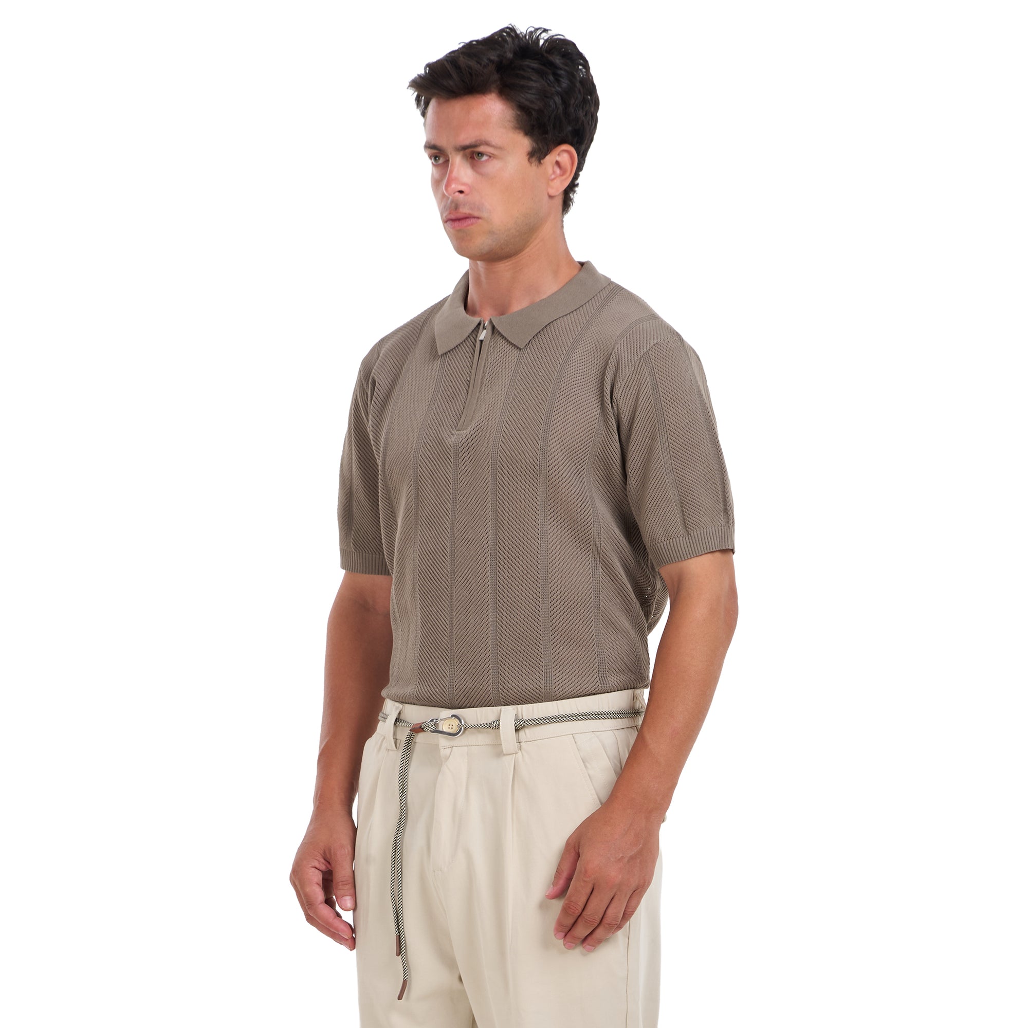 Dark Beige Knitted Short Sleeves Polo T-shirt