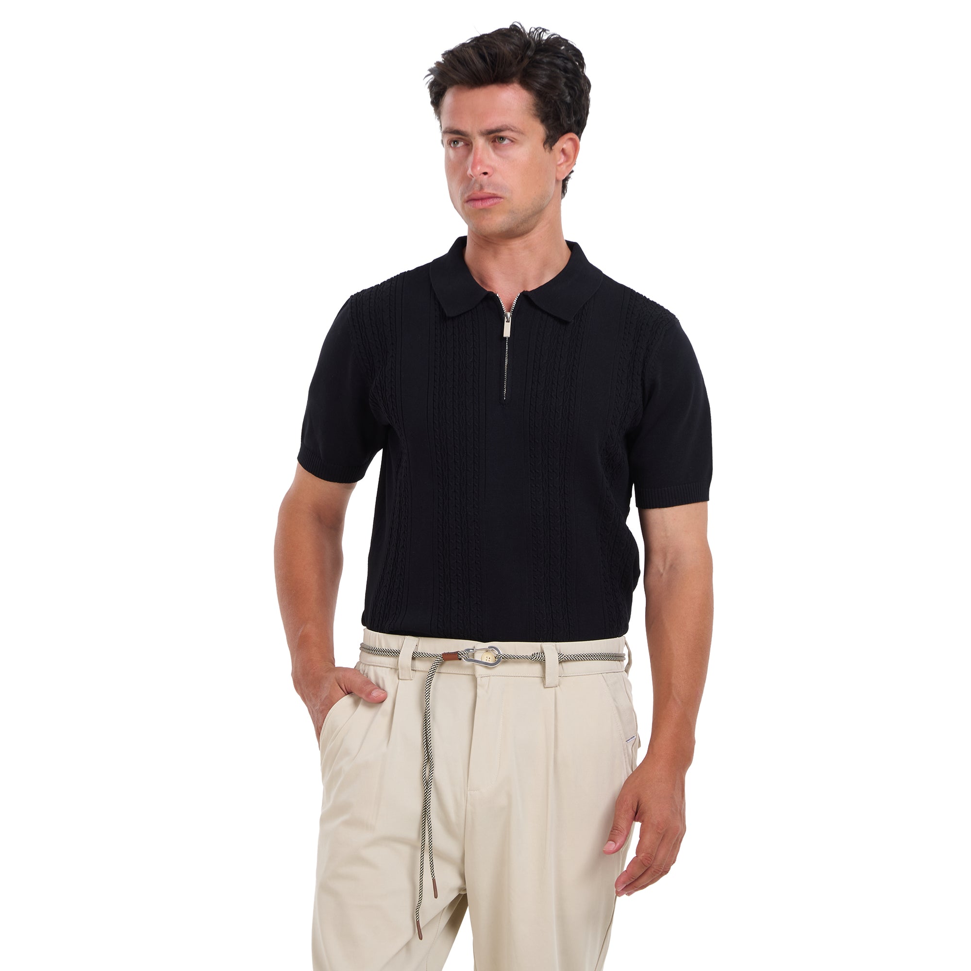 Black Knitted Short Sleeves Polo T-shirt