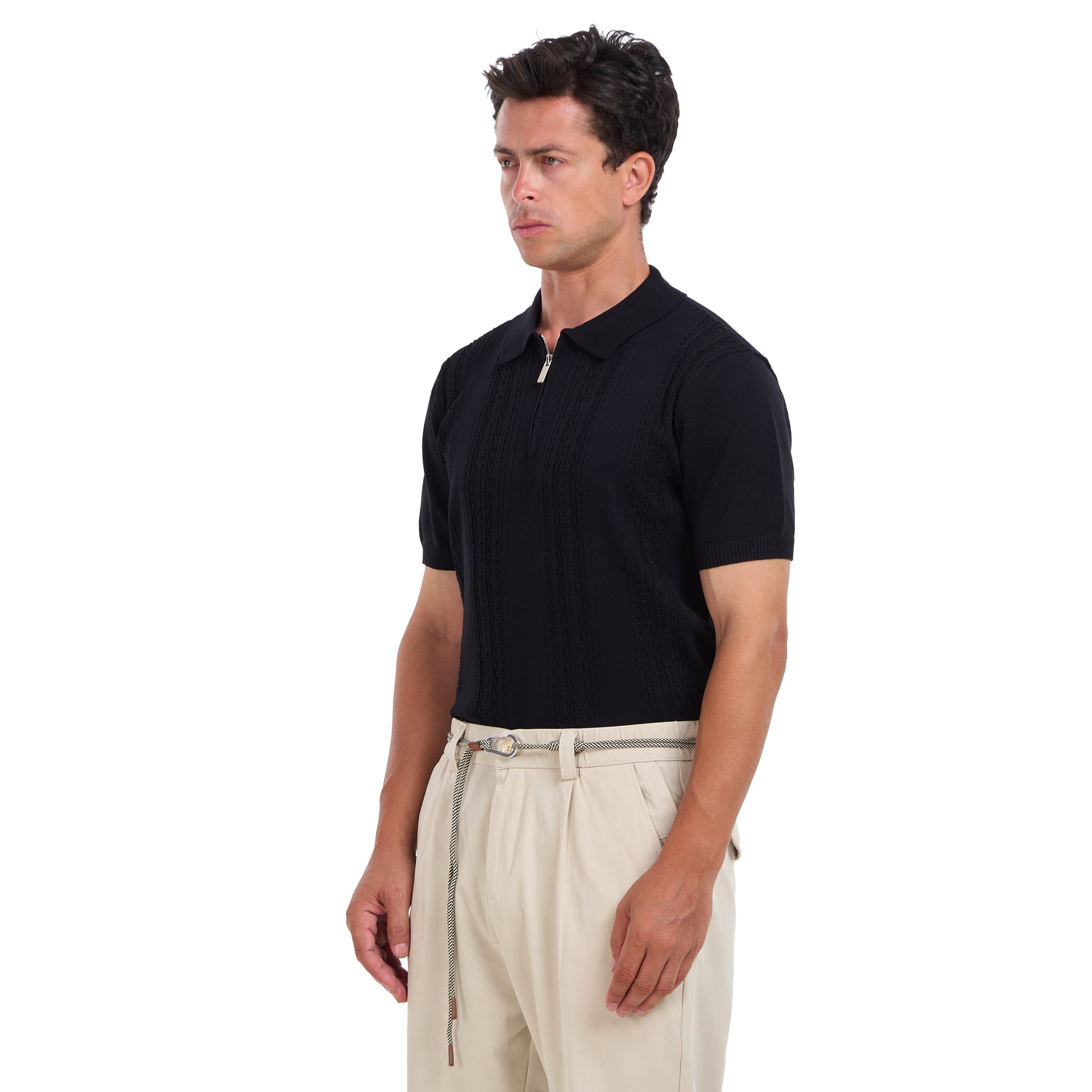 Black Knitted Short Sleeves Polo T-shirt