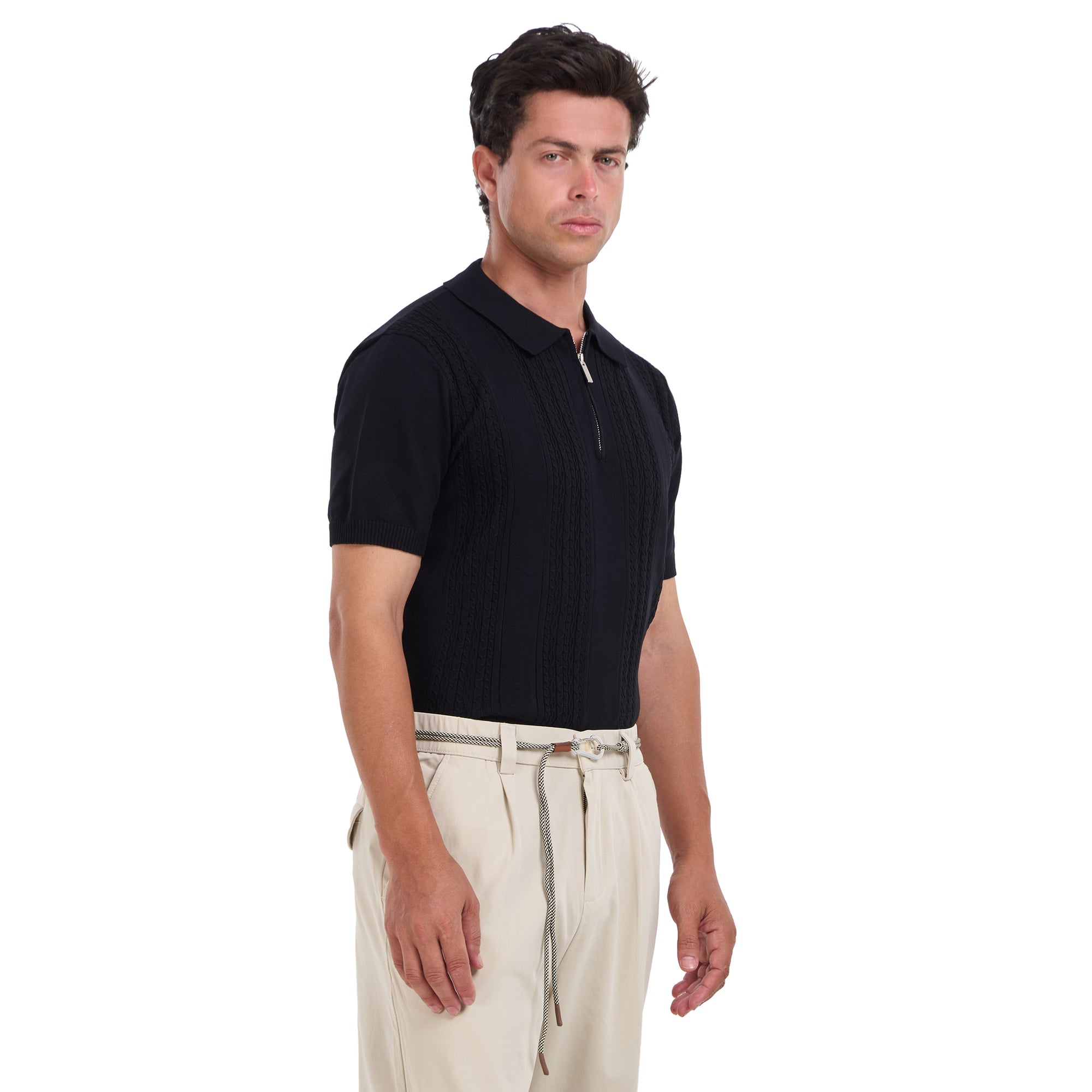 Black Knitted Short Sleeves Polo T-shirt