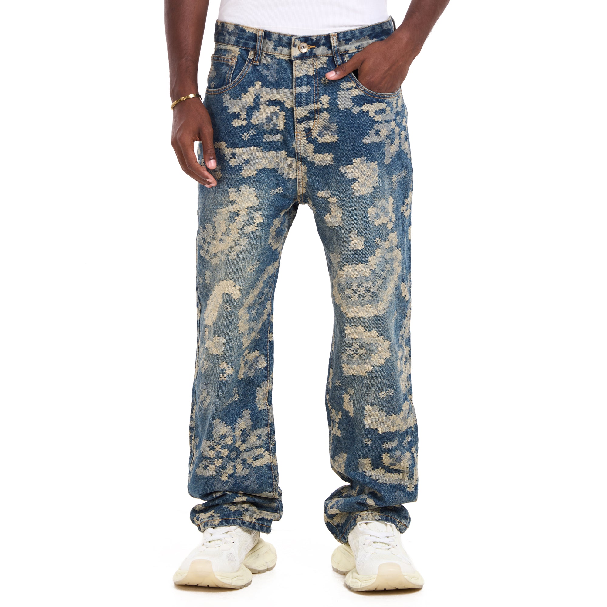 Abstract Bleached Blue With Floral Print Jeans
