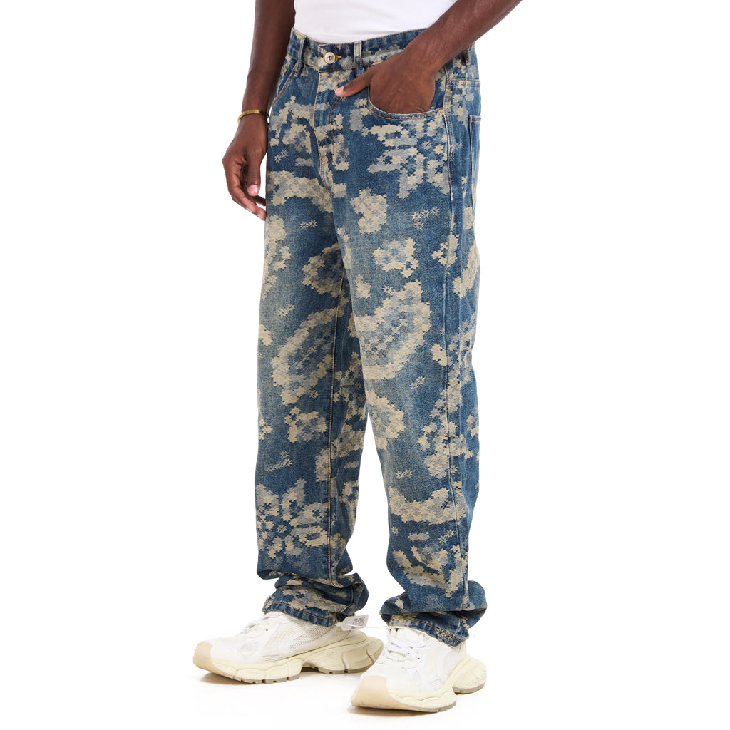 Abstract Bleached Blue With Floral Print Jeans