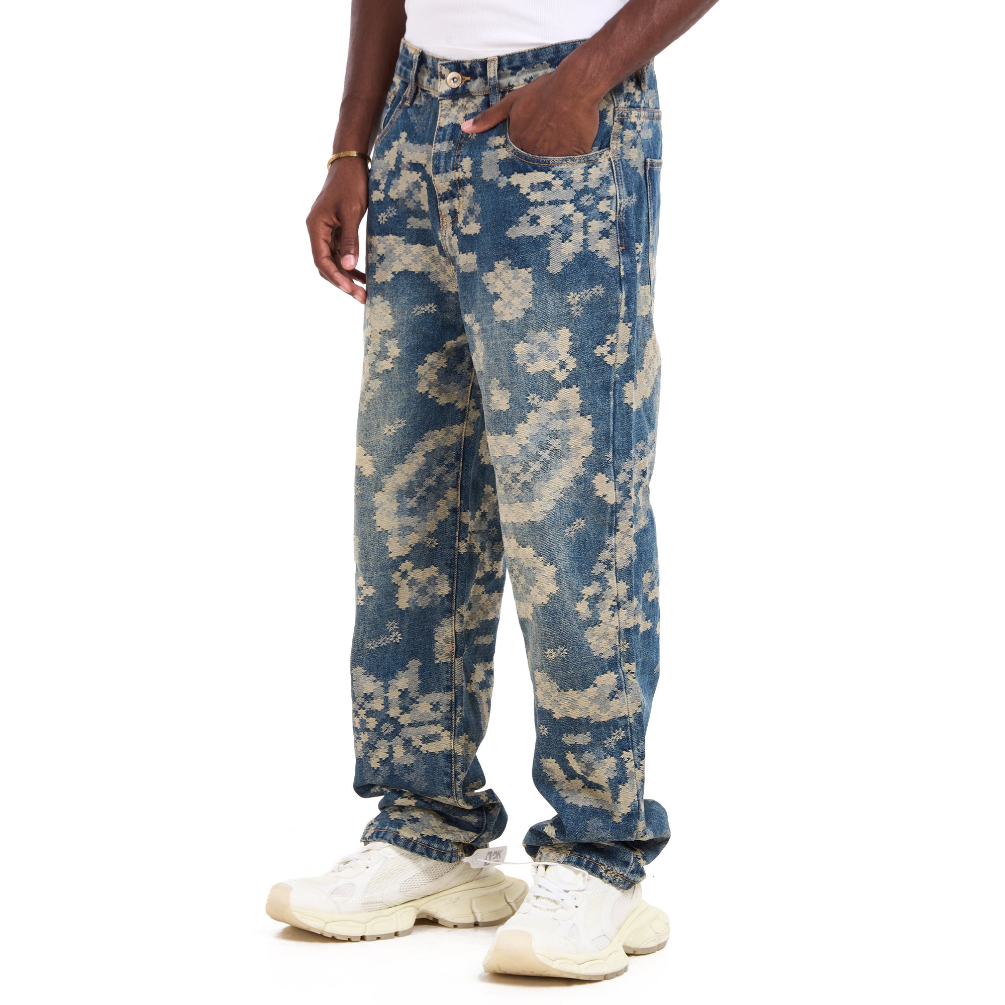 Abstract Bleached Blue With Floral Print Jeans