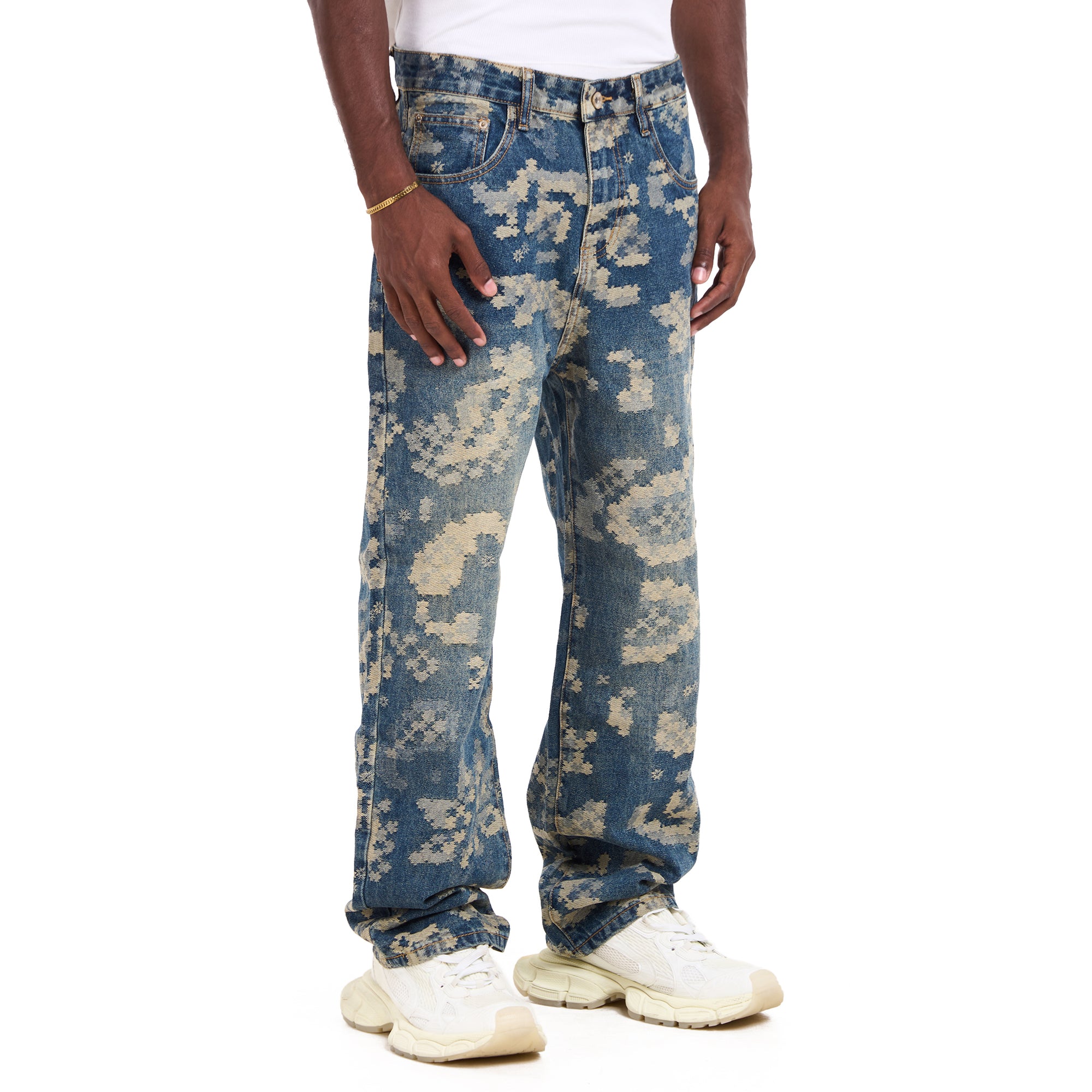 Abstract Bleached Blue With Floral Print Jeans