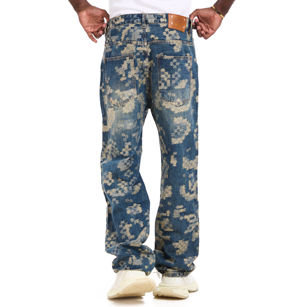 Abstract Bleached Blue With Floral Print Jeans