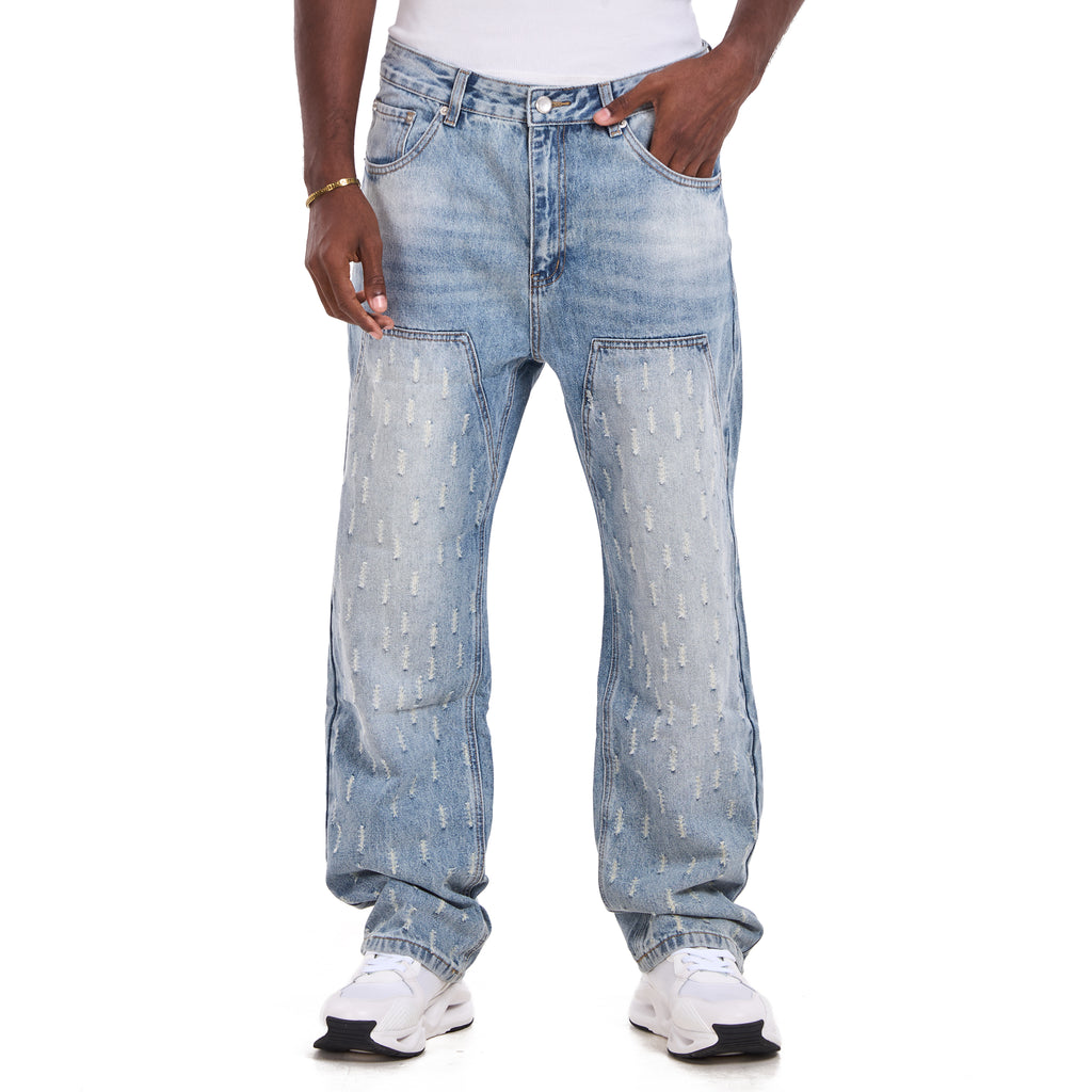 Blue Panel Patchwork Wide-Leg Jeans