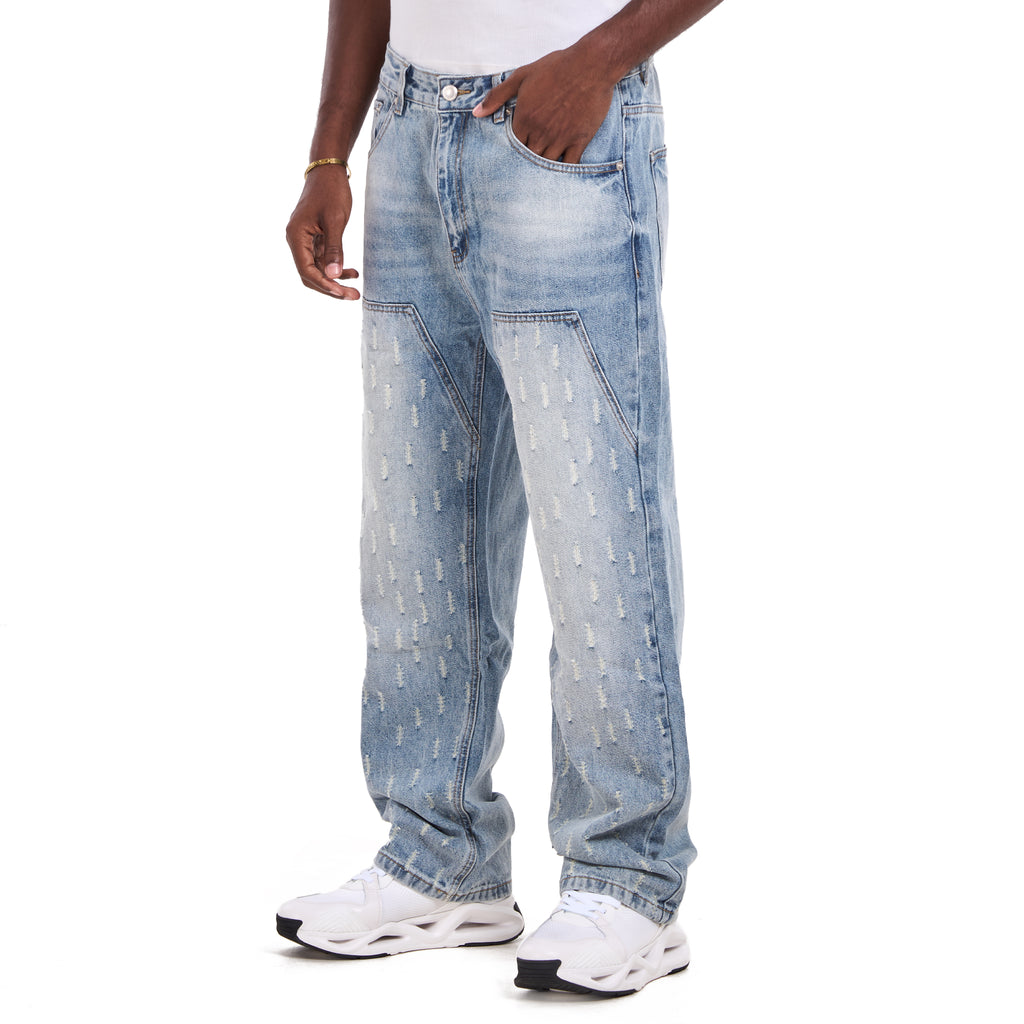 Blue Panel Patchwork Wide-Leg Jeans