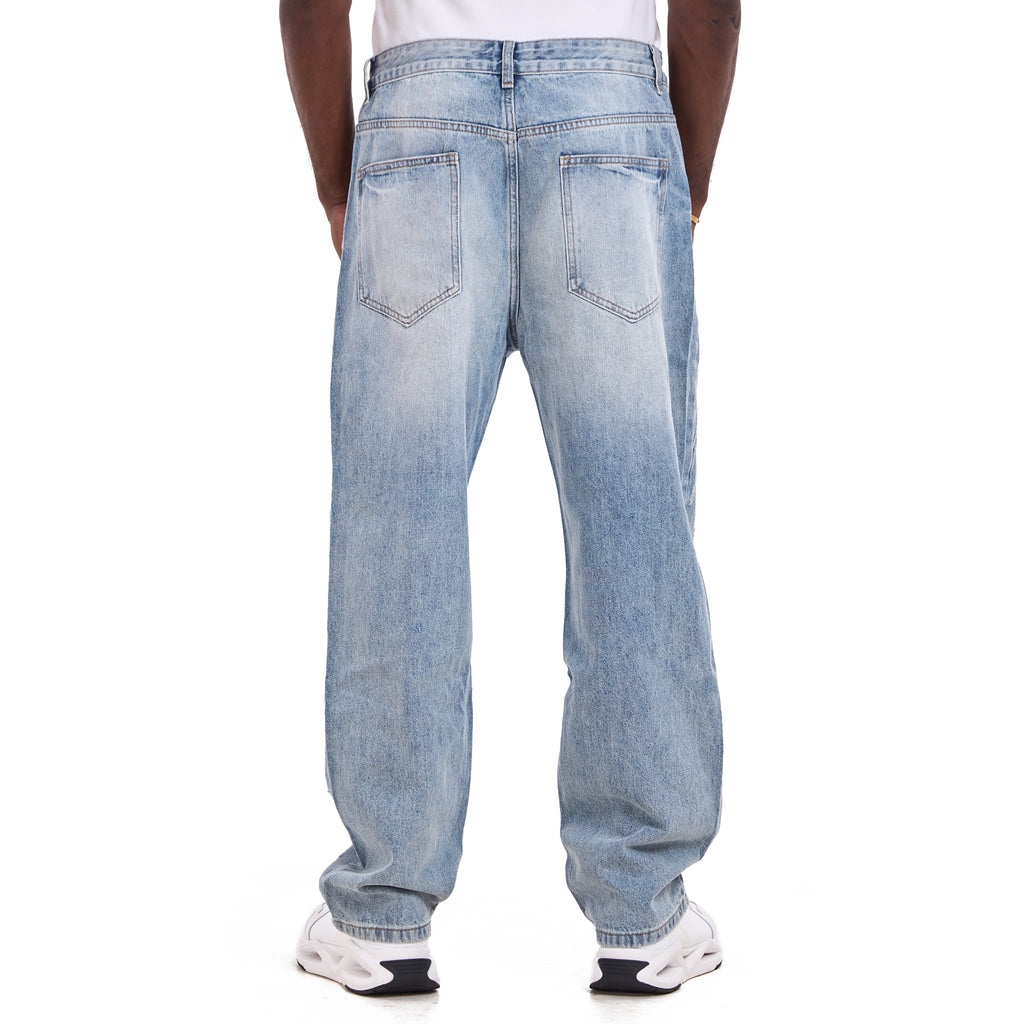 Blue Panel Patchwork Wide-Leg Jeans