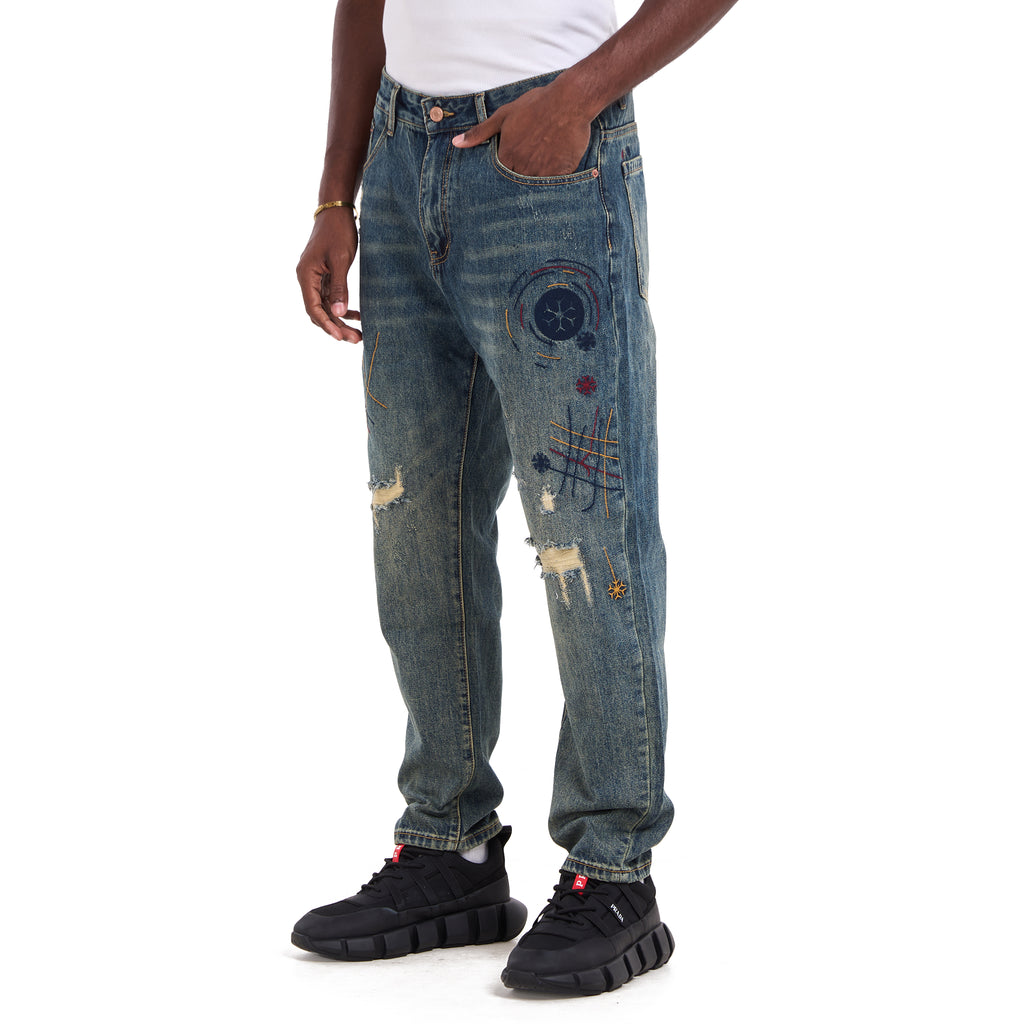 Blue Washed Vintage Ripped Holes Jeans