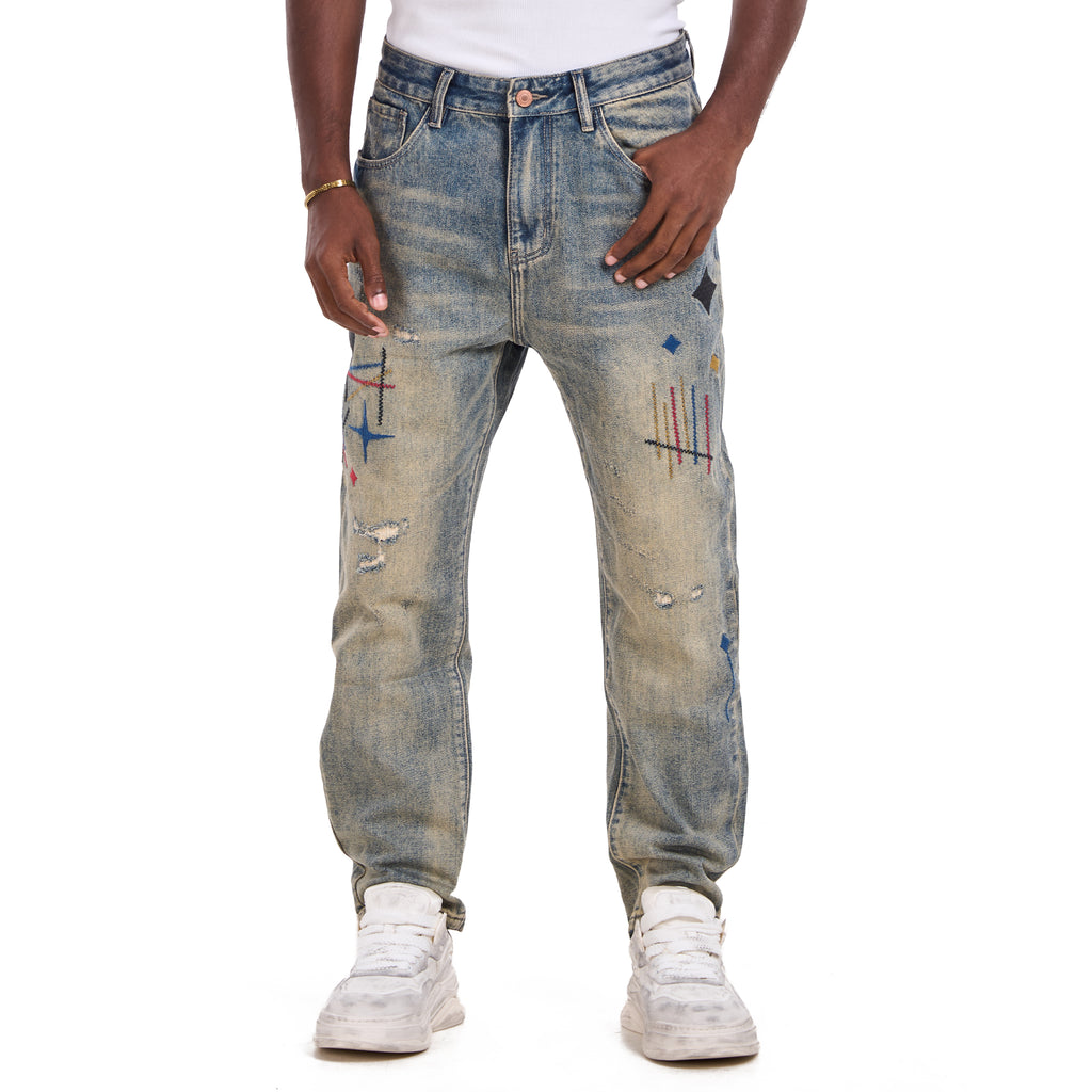 Blue Retro Embroidered Artistic Jeans