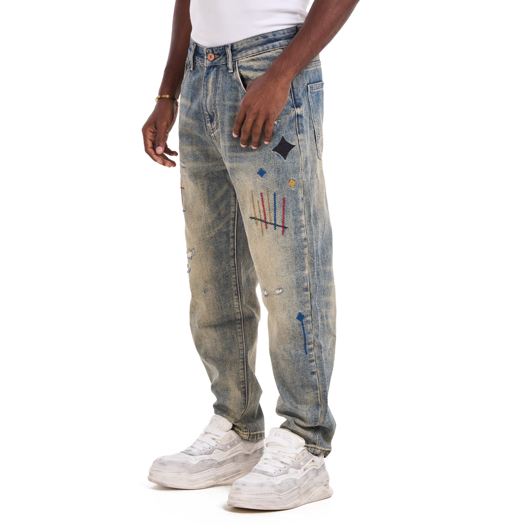 Blue Retro Embroidered Artistic Jeans