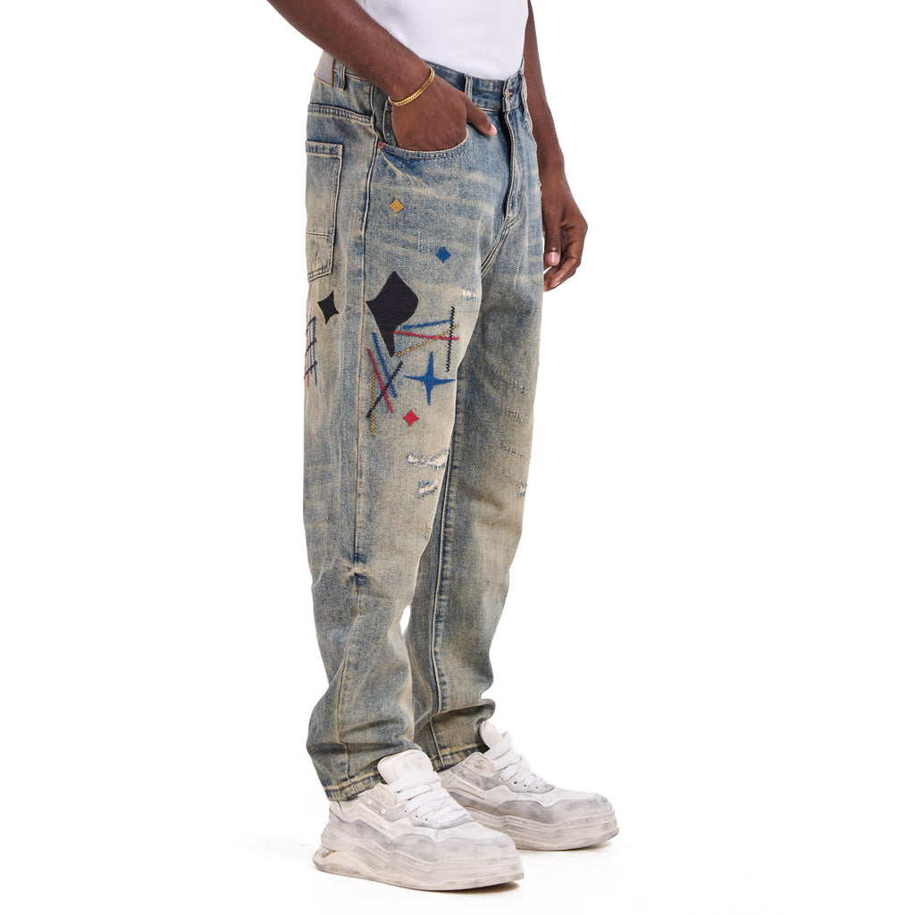 Blue Retro Embroidered Artistic Jeans