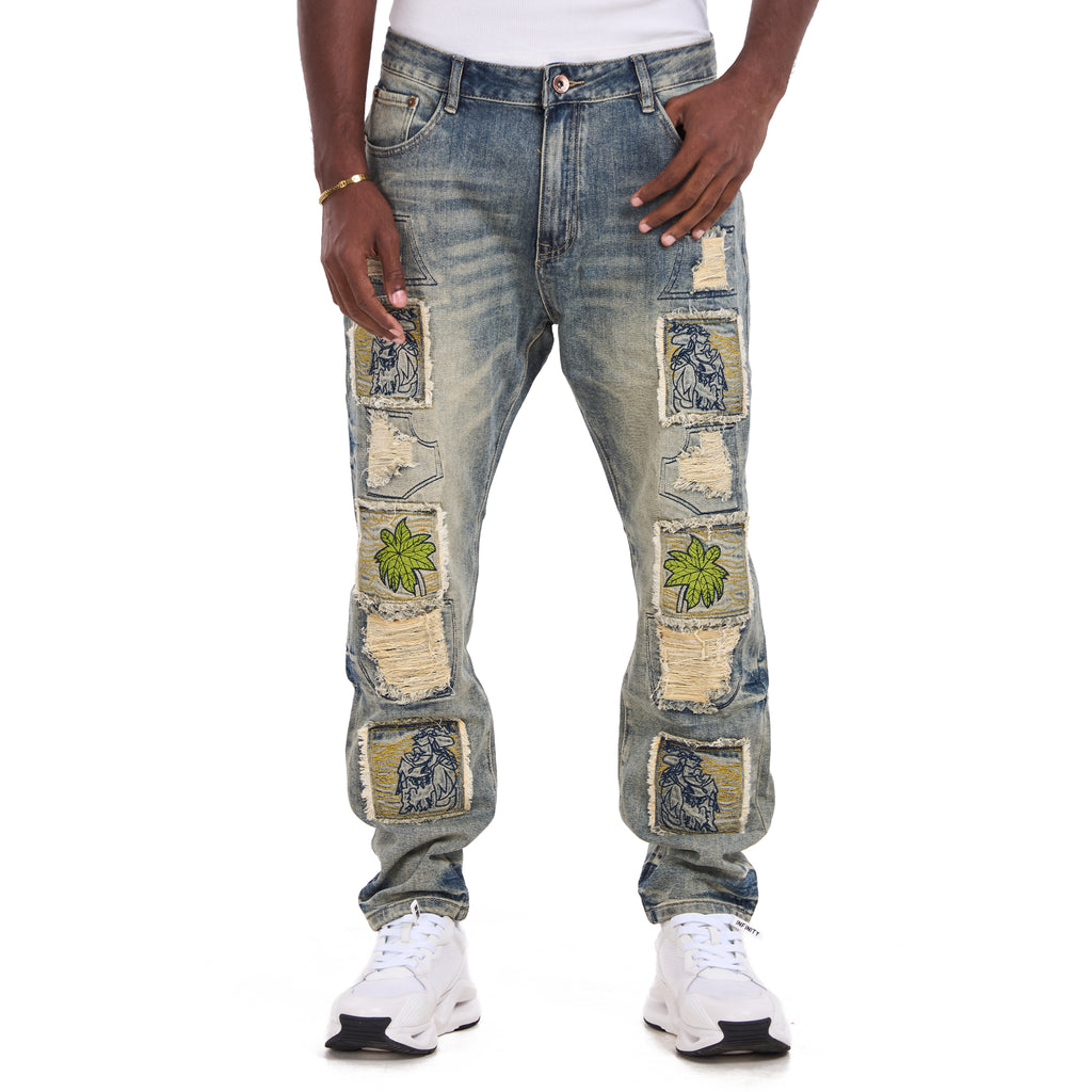 Washed Blue Perforated Embroidered Slim Fit Jeans