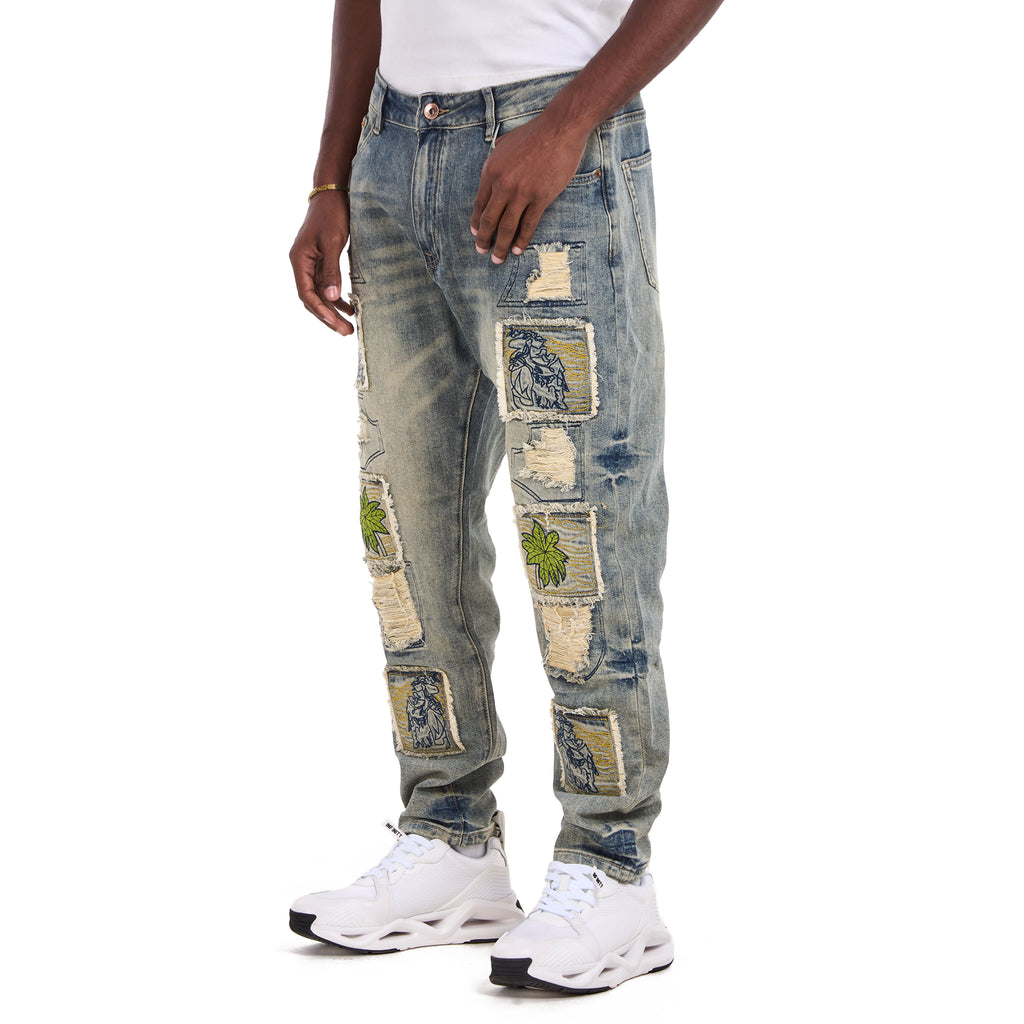 Washed Blue Perforated Embroidered Slim Fit Jeans