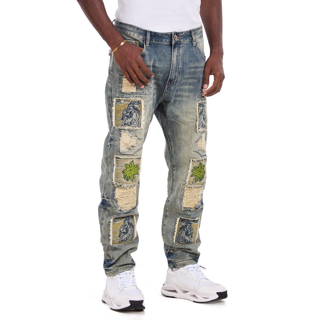 Washed Blue Perforated Embroidered Slim Fit Jeans