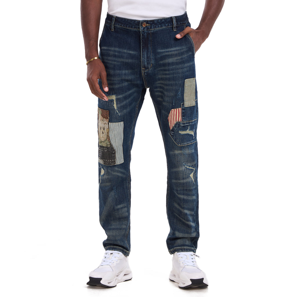 Blue Perforated Embroidered Slim Fit Jeans