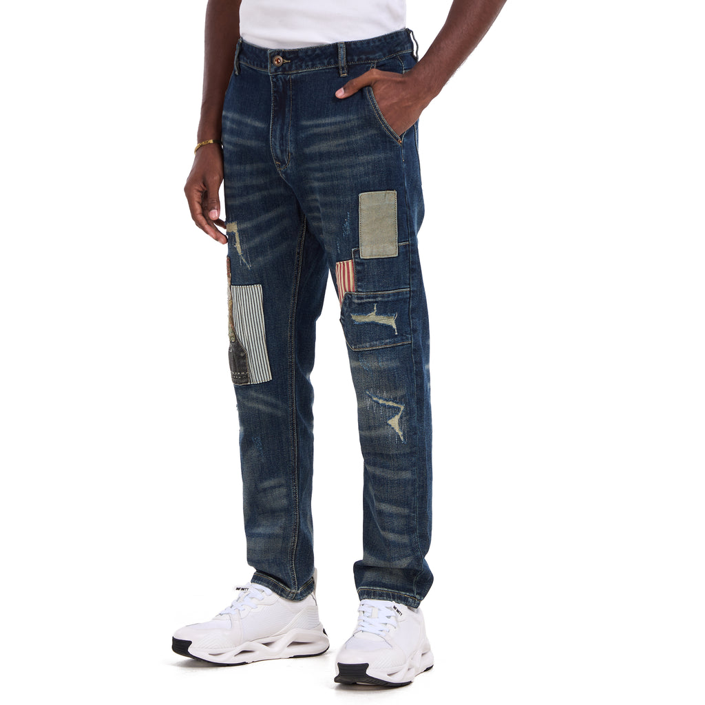 Blue Perforated Embroidered Slim Fit Jeans