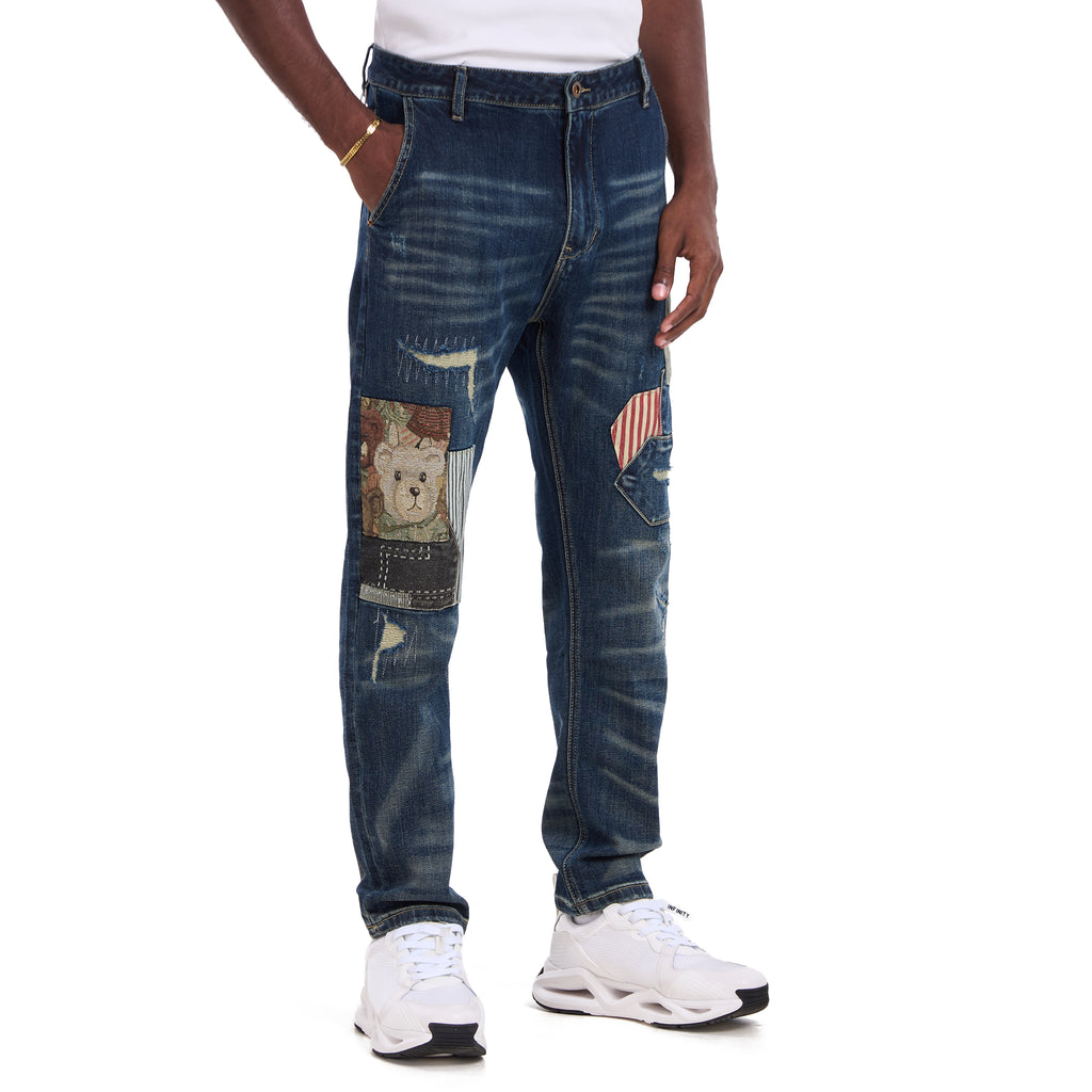 Blue Perforated Embroidered Slim Fit Jeans
