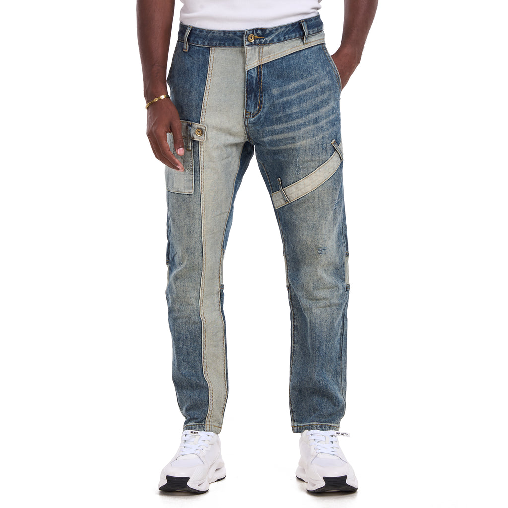 Blue Geometric Cut Panel Slim Fit Jeans