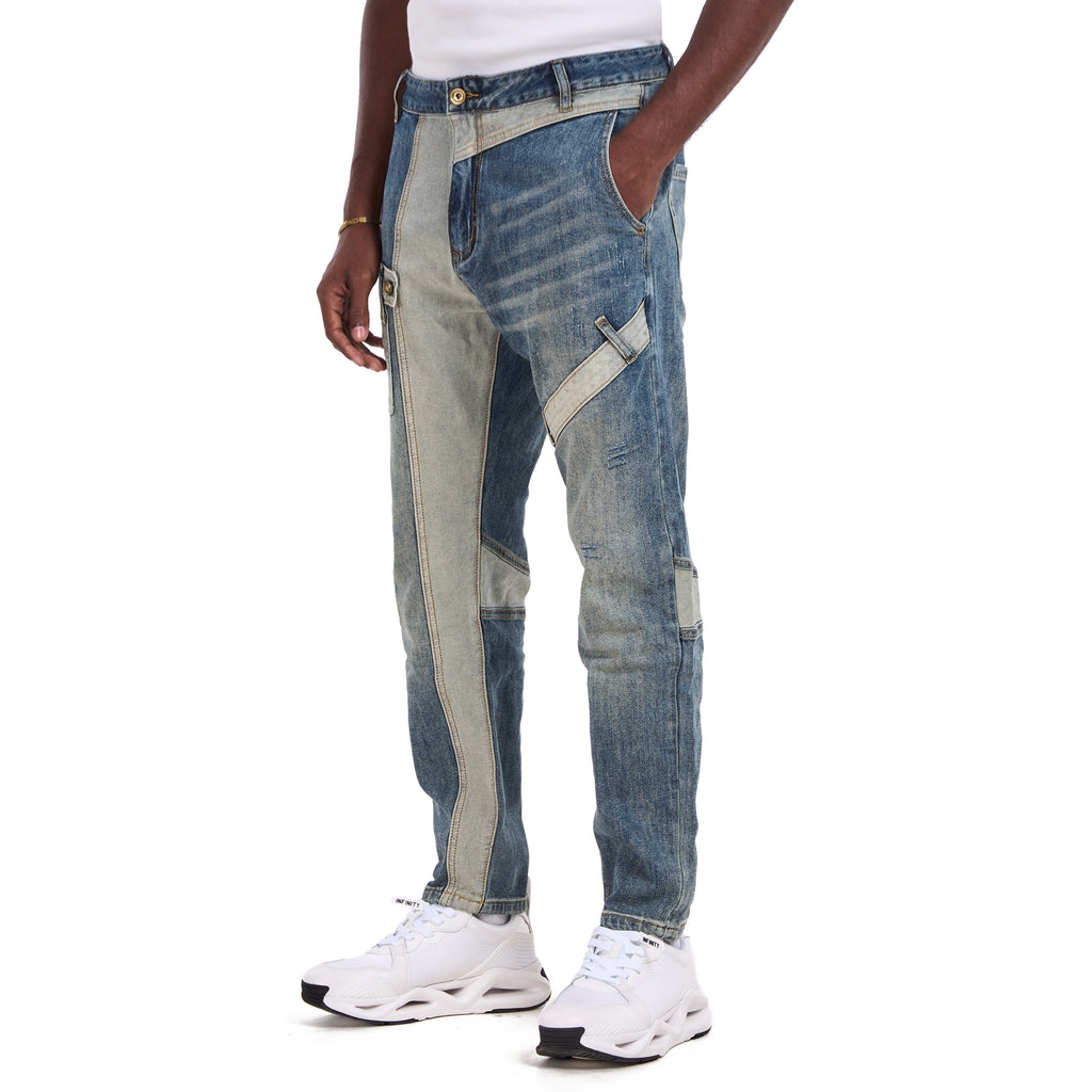 Blue Geometric Cut Panel Slim Fit Jeans
