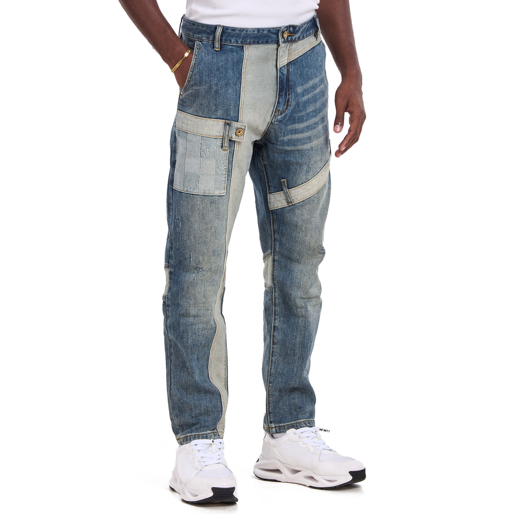 Blue Geometric Cut Panel Slim Fit Jeans