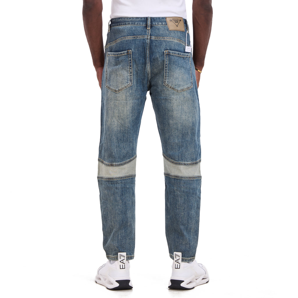 Blue Geometric Cut Panel Slim Fit Jeans