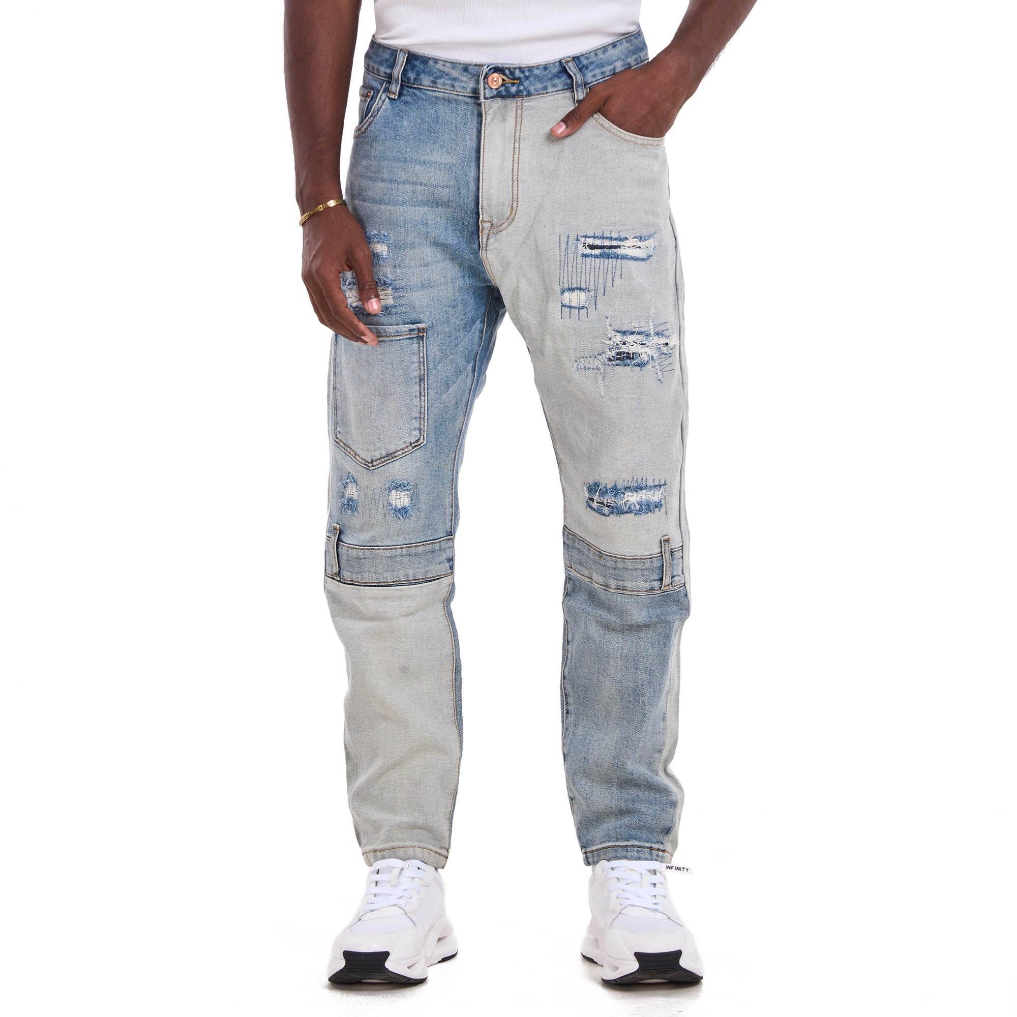 Blue Tapered Patchwork Slim Fit Jeans