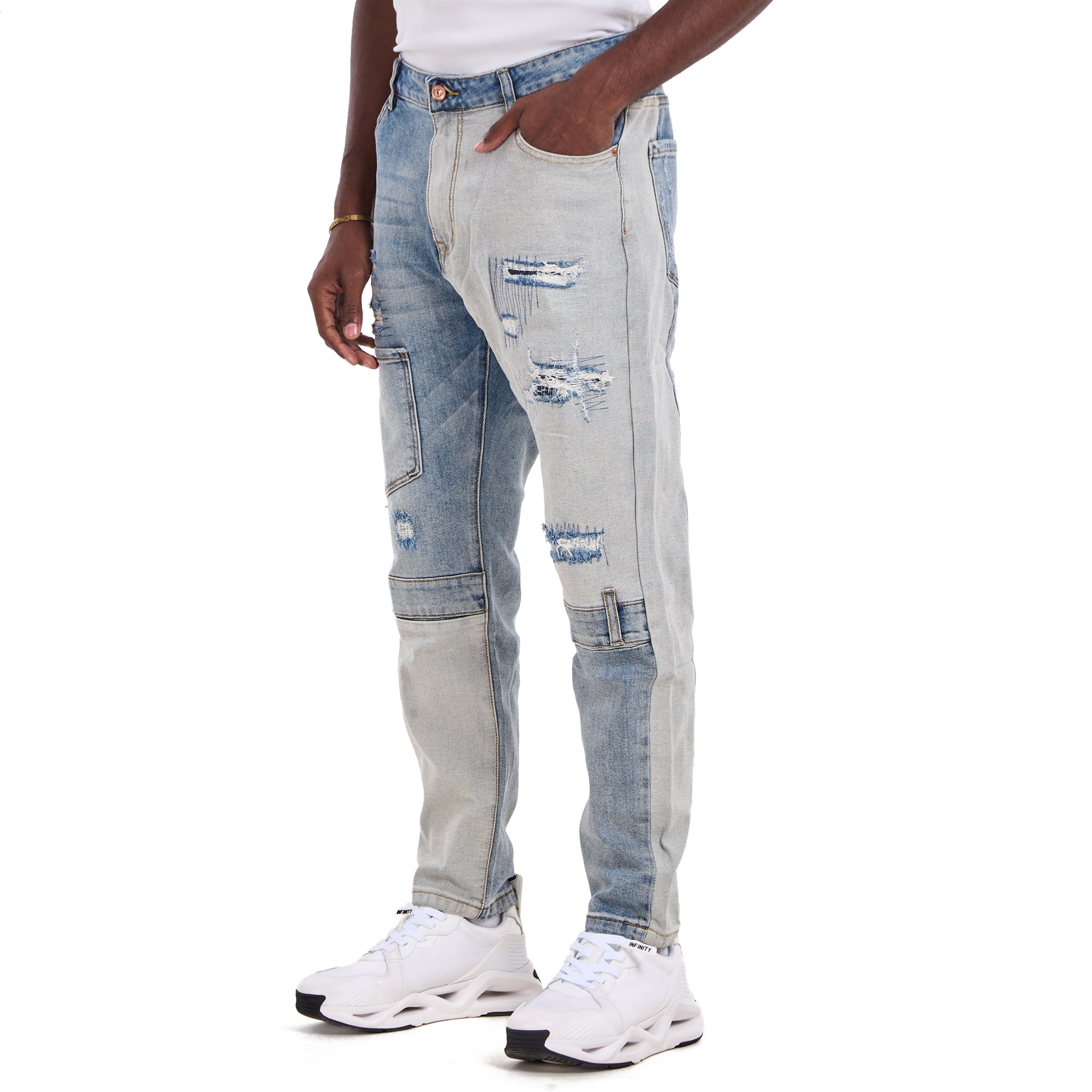 Blue Tapered Patchwork Slim Fit Jeans
