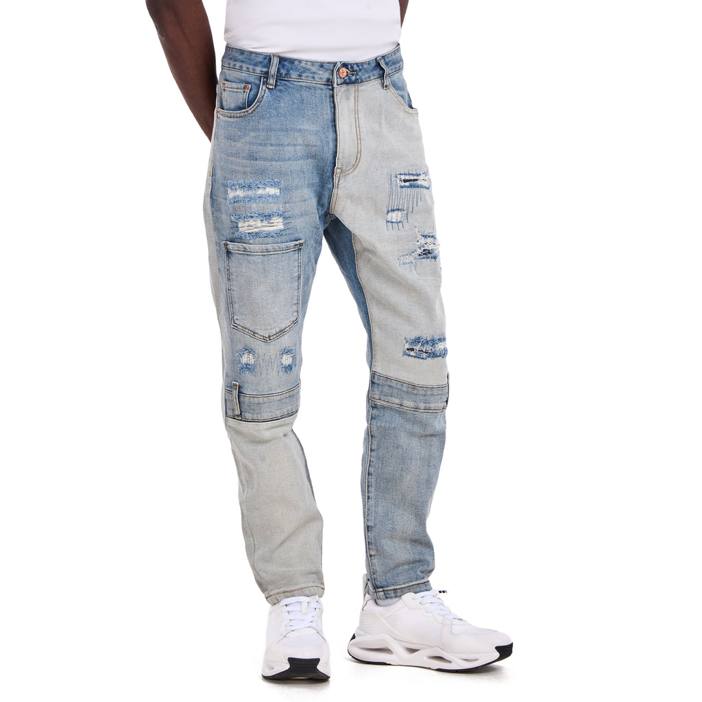 Blue Tapered Patchwork Slim Fit Jeans