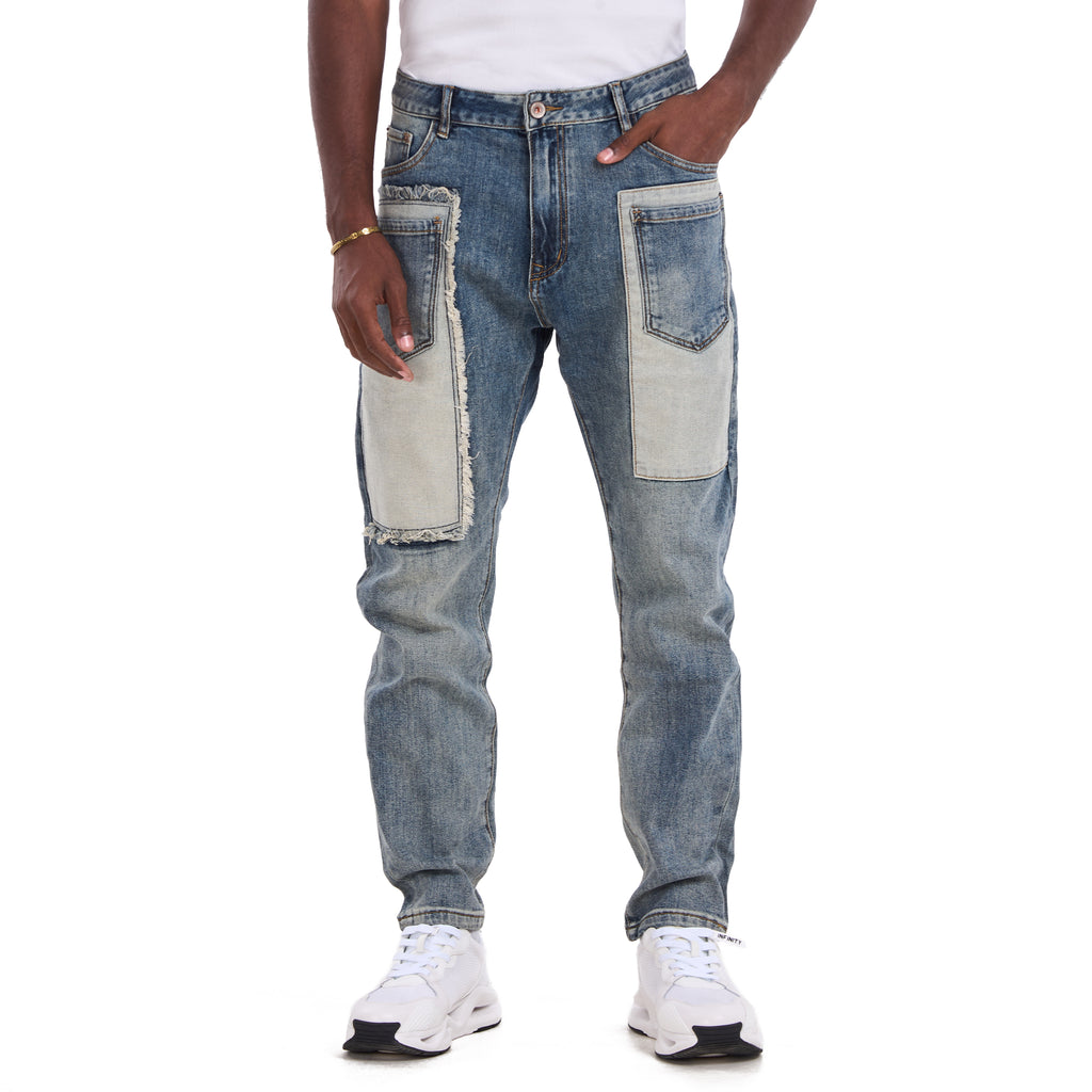 Washed Blue Pockets Patchwork Slim Fit Jeans