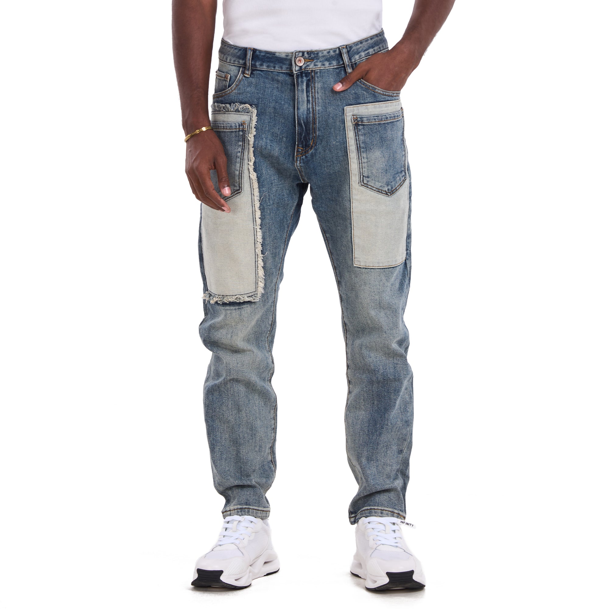 Washed Blue Pockets Patchwork Slim Fit Jeans