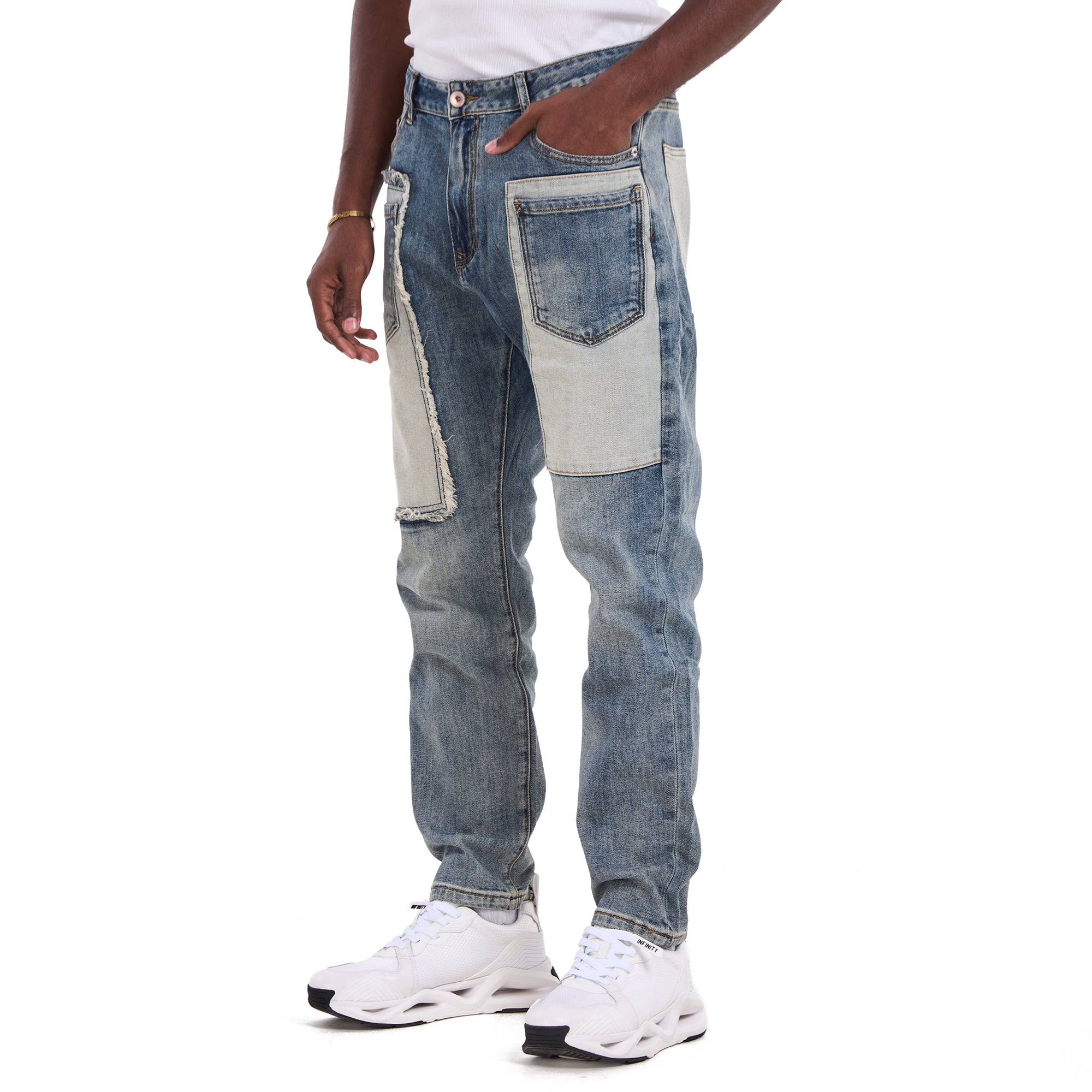 Washed Blue Pockets Patchwork Slim Fit Jeans