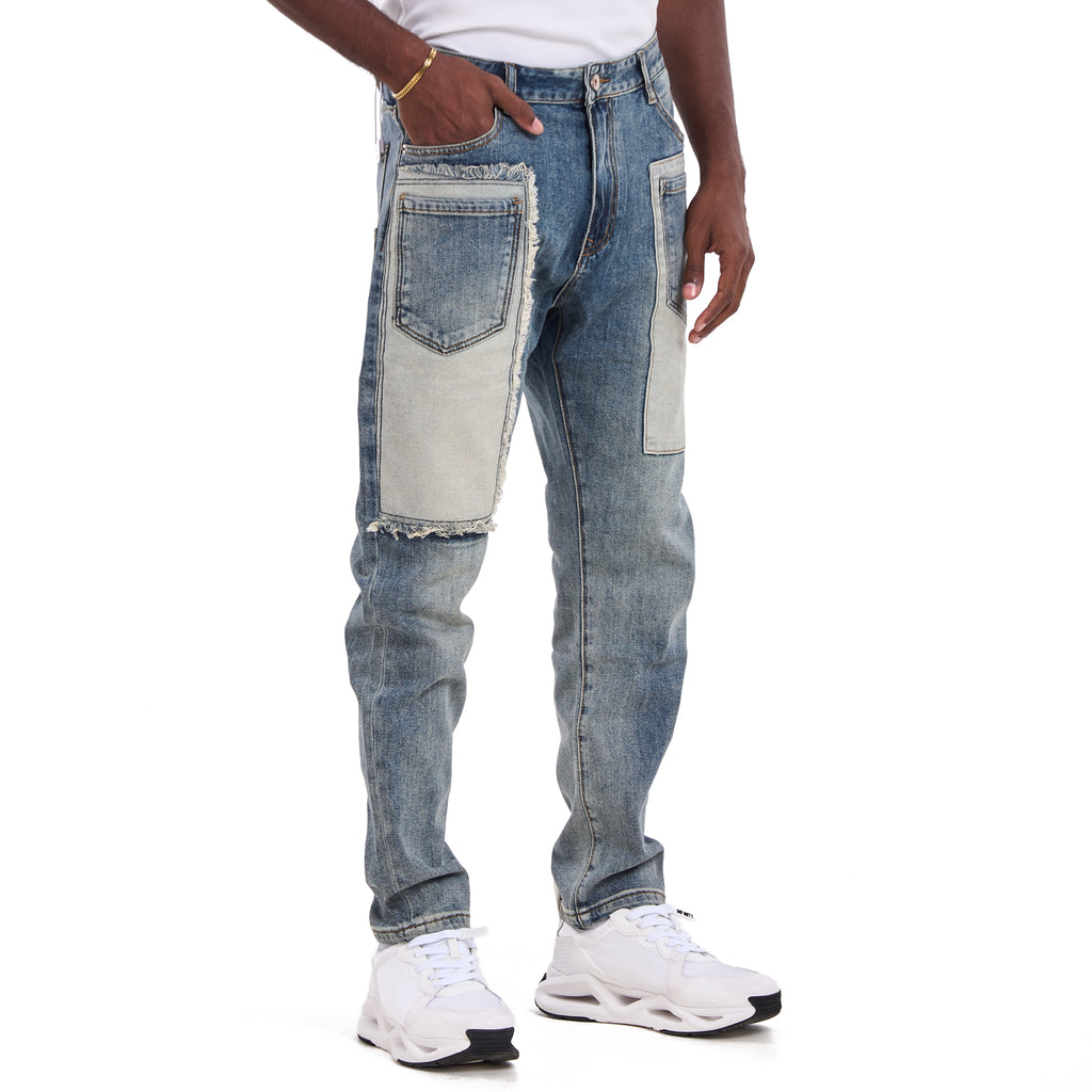 Washed Blue Pockets Patchwork Slim Fit Jeans